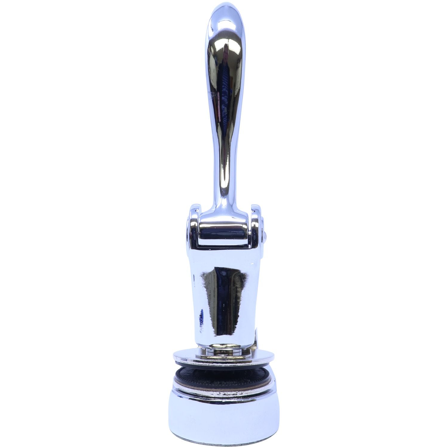 Chrome Gift Notary Seal Embosser with a sleek, polished finish, standing upright, showcasing its ergonomic handle and detailed imprint mechanism.