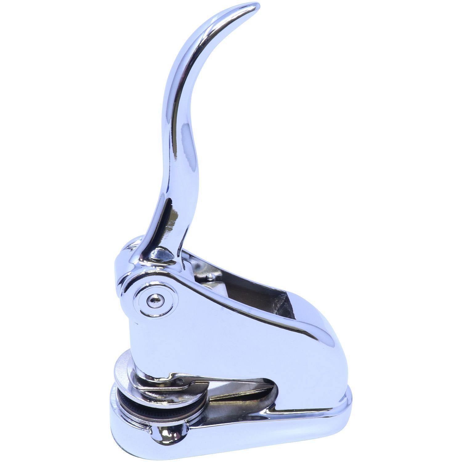 Public Weighmaster Chrome Gift Seal Embosser with a sleek, shiny finish and ergonomic handle, shown in a side view against a white background.