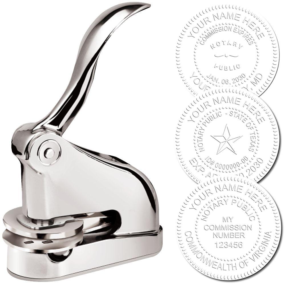 Chrome Gift Notary Seal Embosser with a sleek design, shown with three sample embossed seals displaying customizable notary public information.