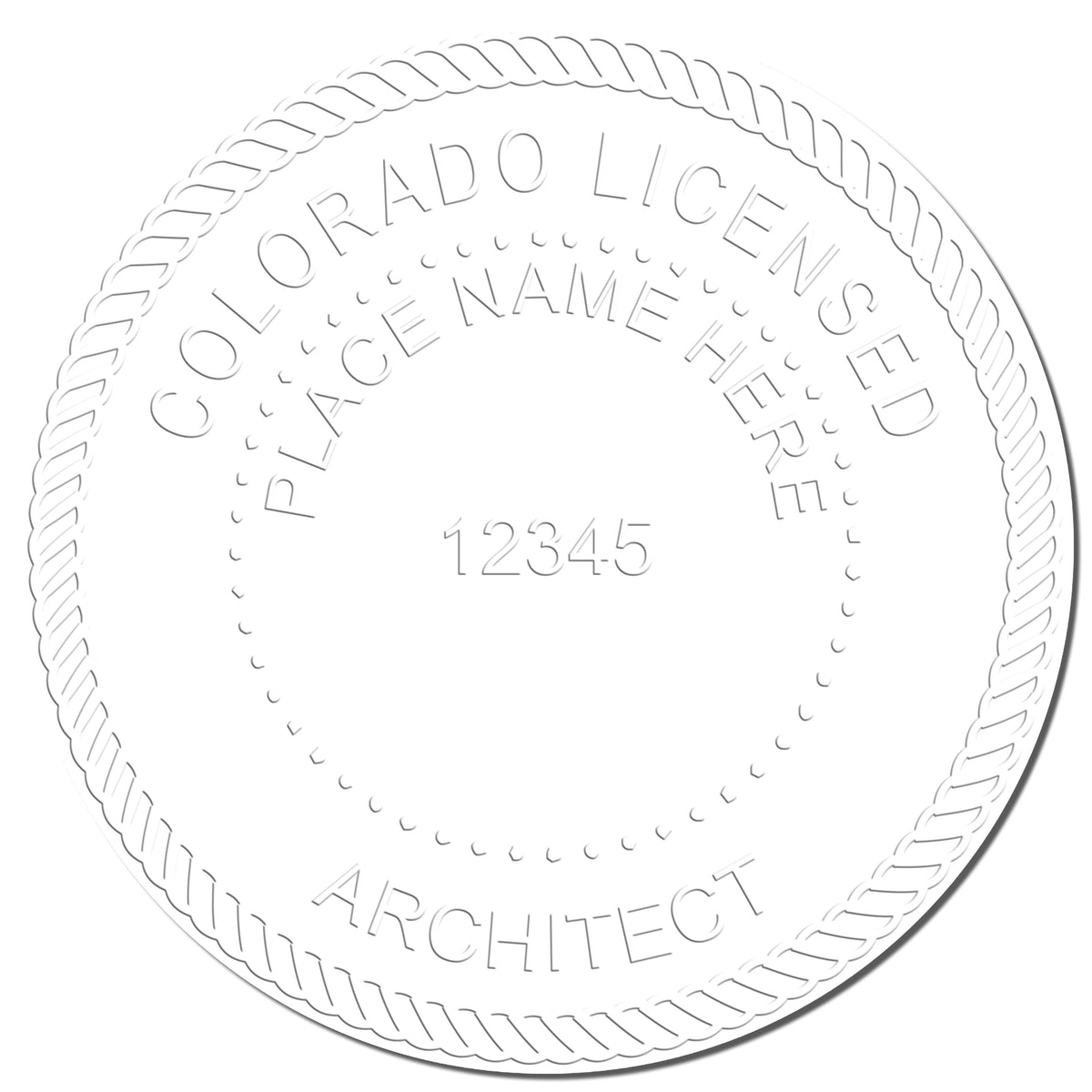 A photograph of the Handheld Colorado Architect Seal Embosser stamp impression reveals a vivid, professional image of the on paper.