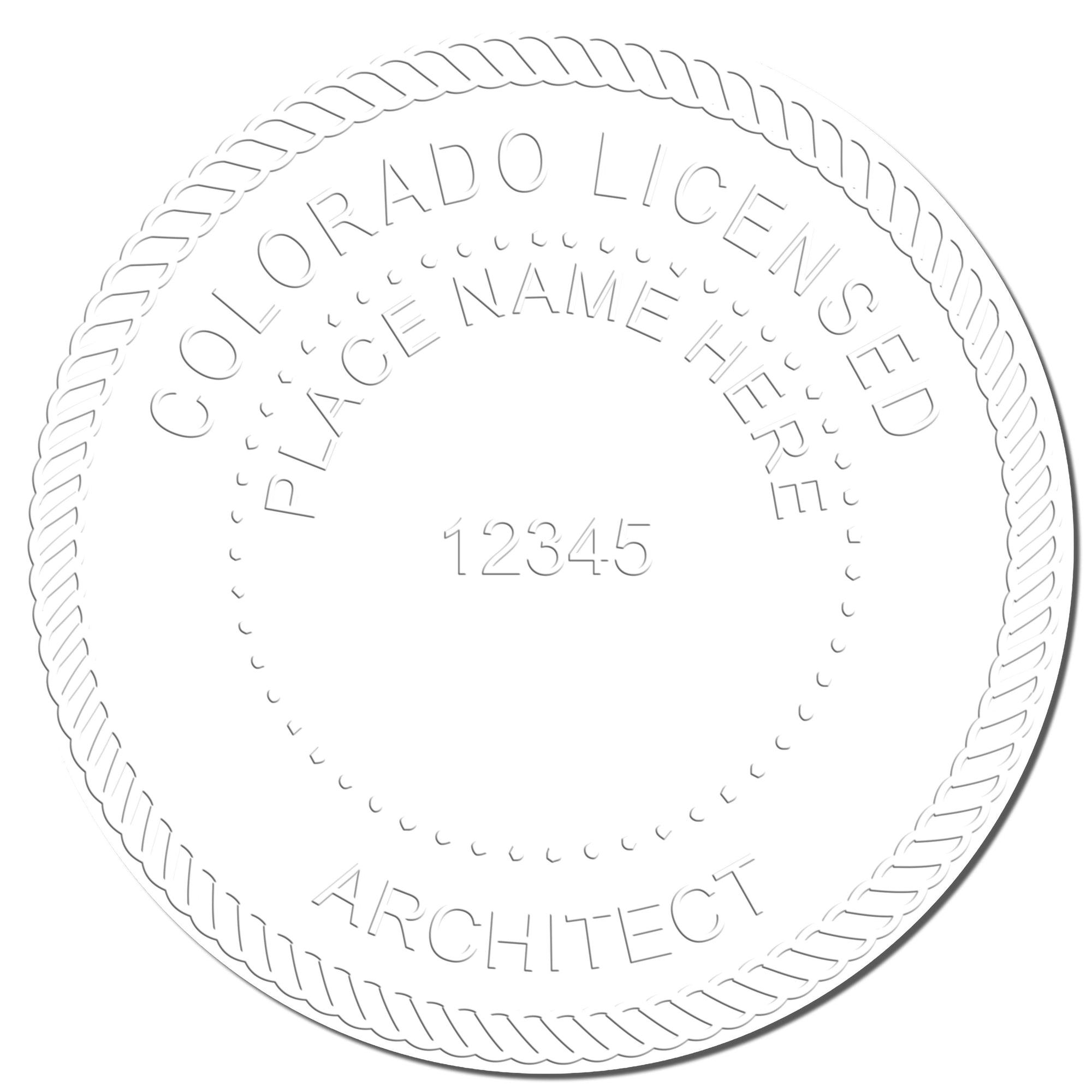 The main image for the State of Colorado Long Reach Architectural Embossing Seal depicting a sample of the imprint and electronic files