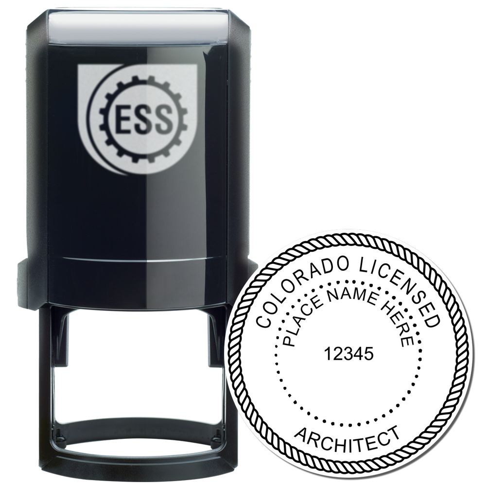 Self Inking Colorado Architect Stamp with a black casing and a sample imprint showing Colorado Licensed Architect and space for a name and number.