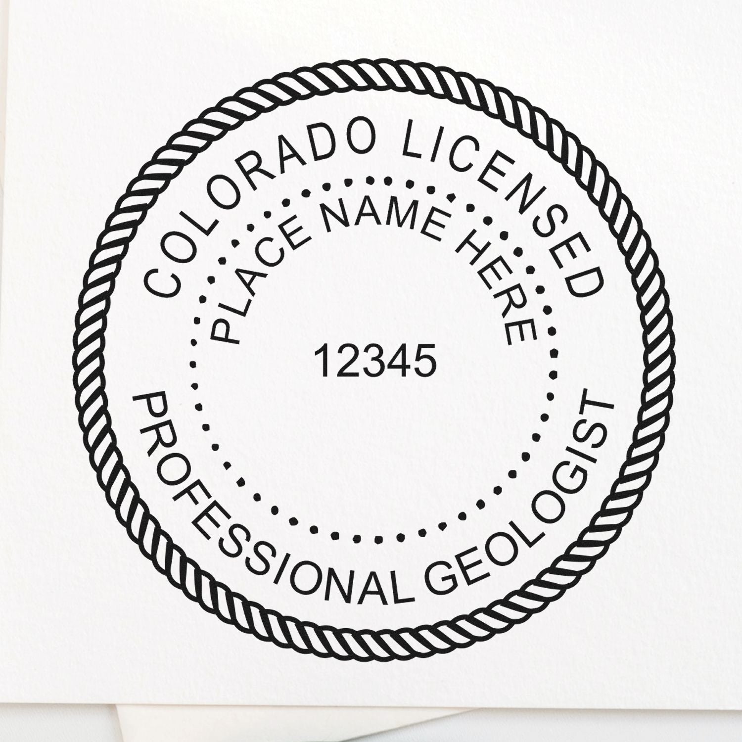 A photograph of the Slim Pre-Inked Colorado Professional Geologist Seal Stamp impression reveals a vivid, professional image of the on paper.