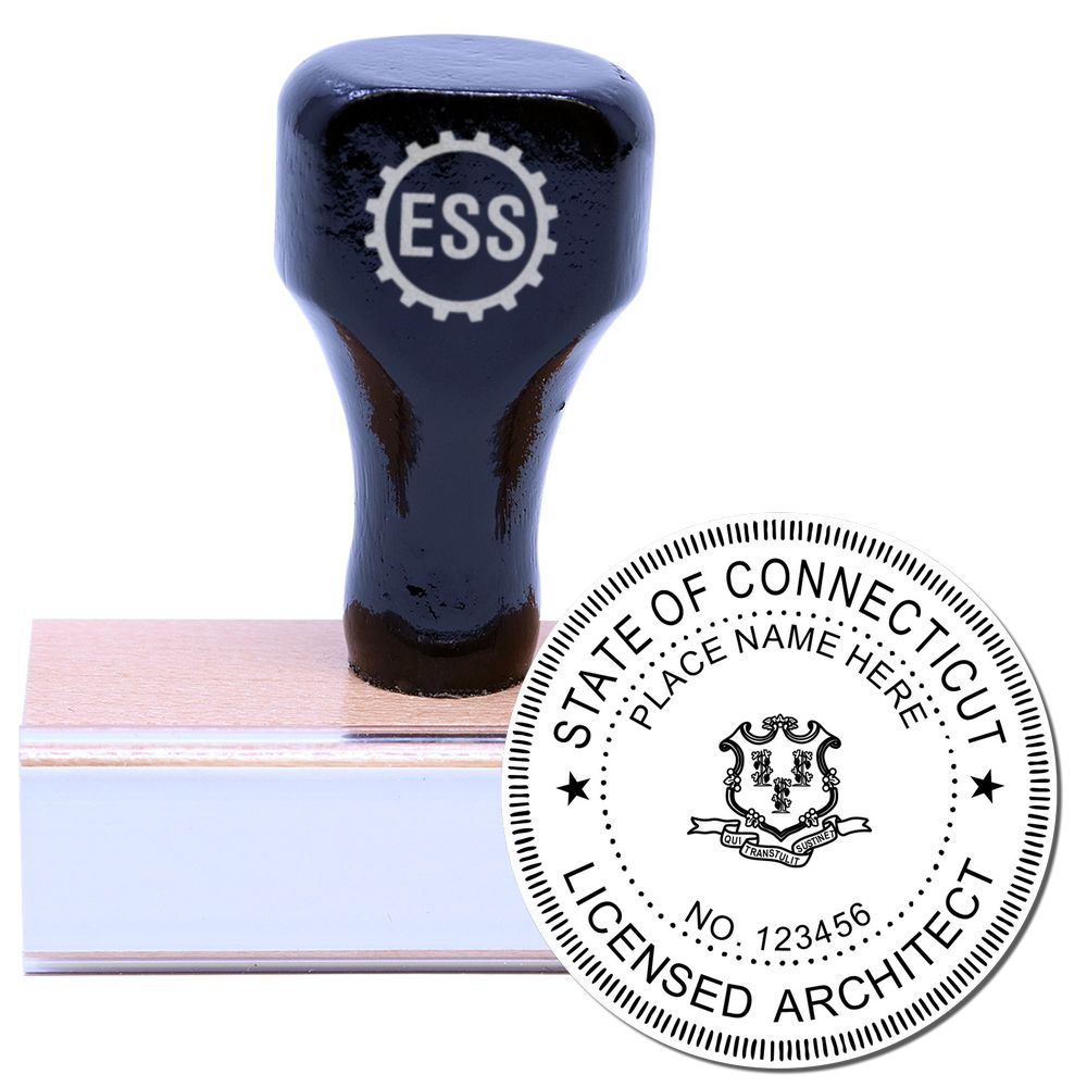 Wooden handle rubber stamp with the Connecticut Architect Seal Stamp design, featuring state emblem and Licensed Architect text.