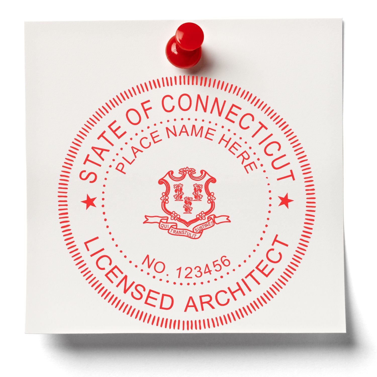 Digital Connecticut Architect Stamp, Electronic Seal for Connecticut Architect, red stamp on white paper with red pushpin.