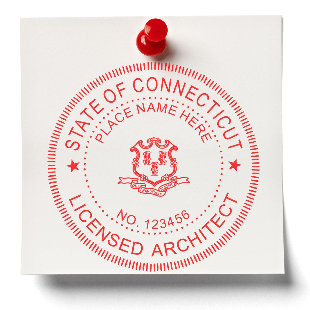 Slim Pre-Inked Connecticut Architect Seal Stamp in use photo showing a stamped imprint of the Slim Pre-Inked Connecticut Architect Seal Stamp
