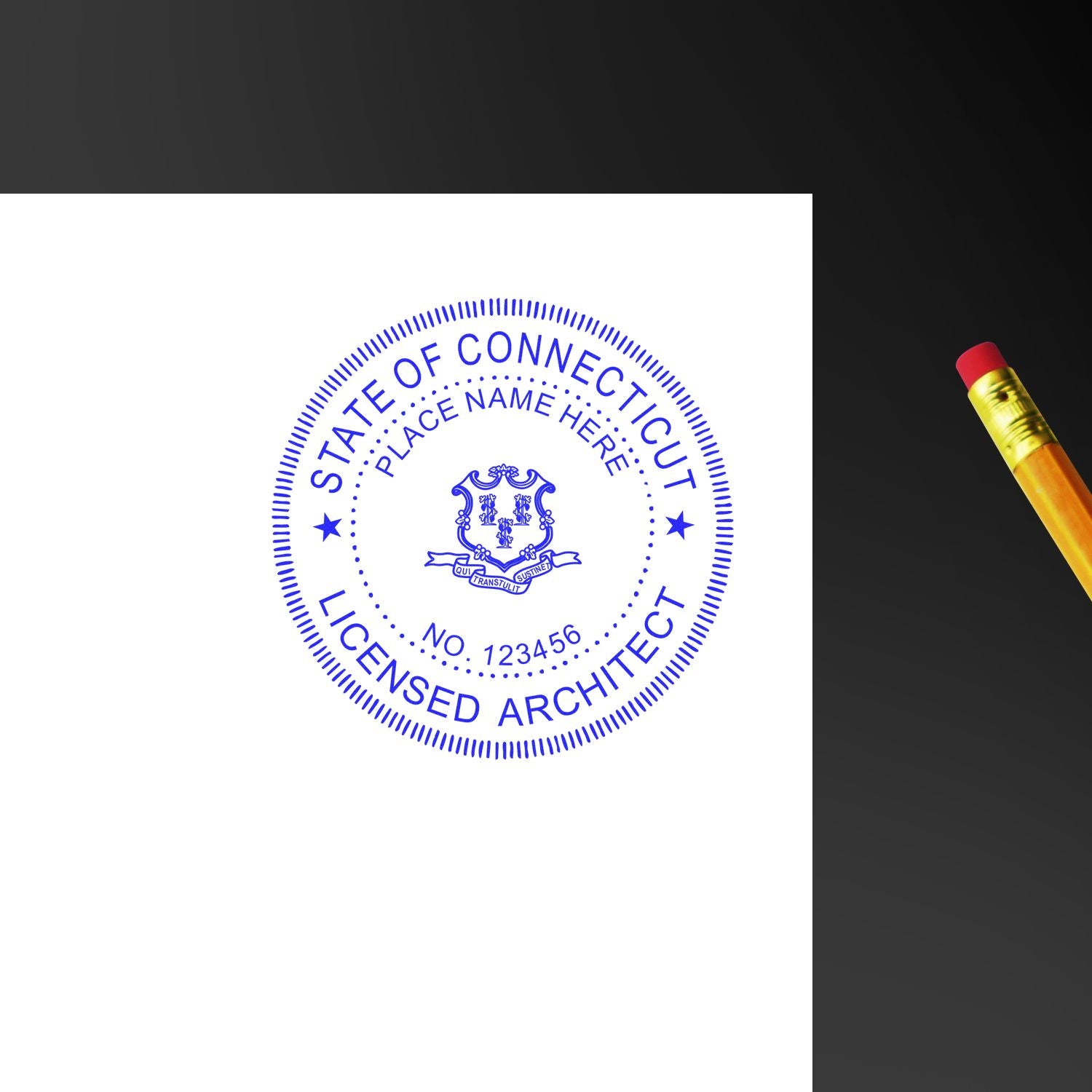 Premium MaxLight Pre-Inked Connecticut Architectural Stamp imprint on white paper with a pencil nearby."