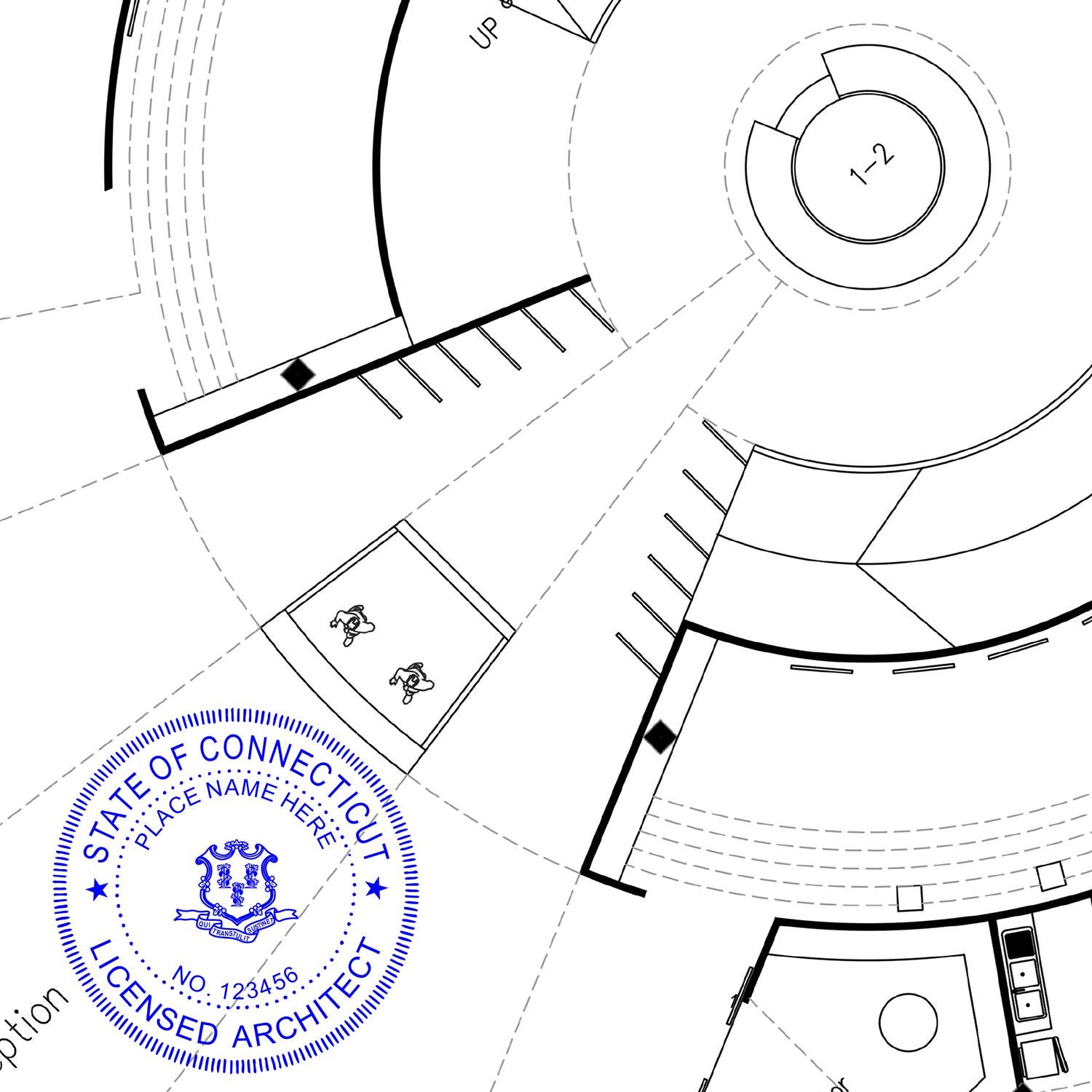 Premium MaxLight Pre-Inked Connecticut Architectural Stamp in blue ink on a detailed architectural floor plan.