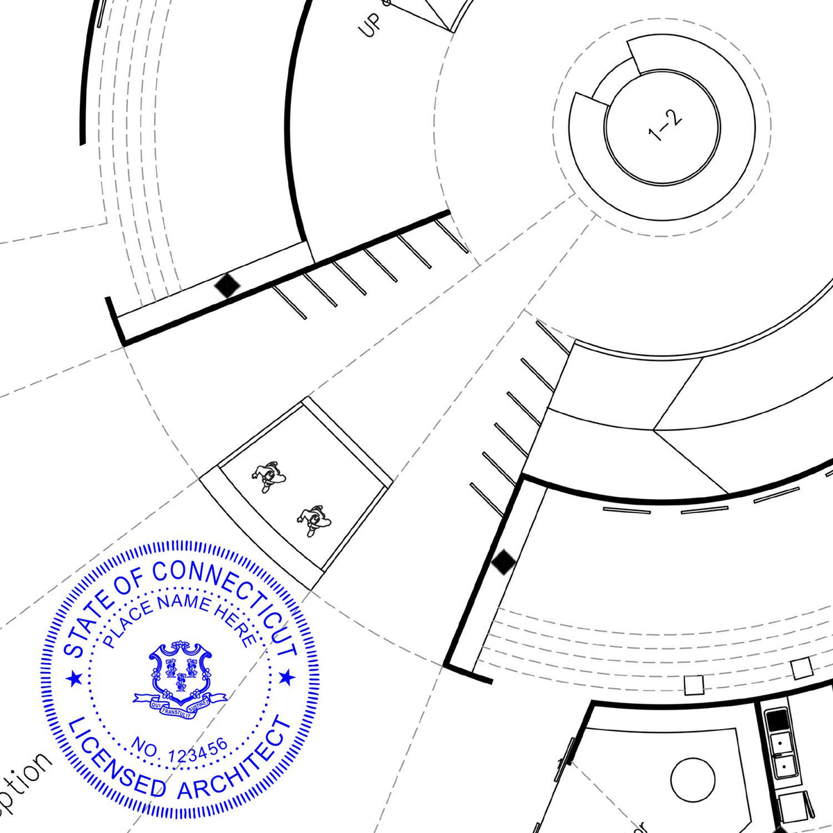 An alternative view of the Slim Pre-Inked Connecticut Architect Seal Stamp stamped on a sheet of paper showing the image in use