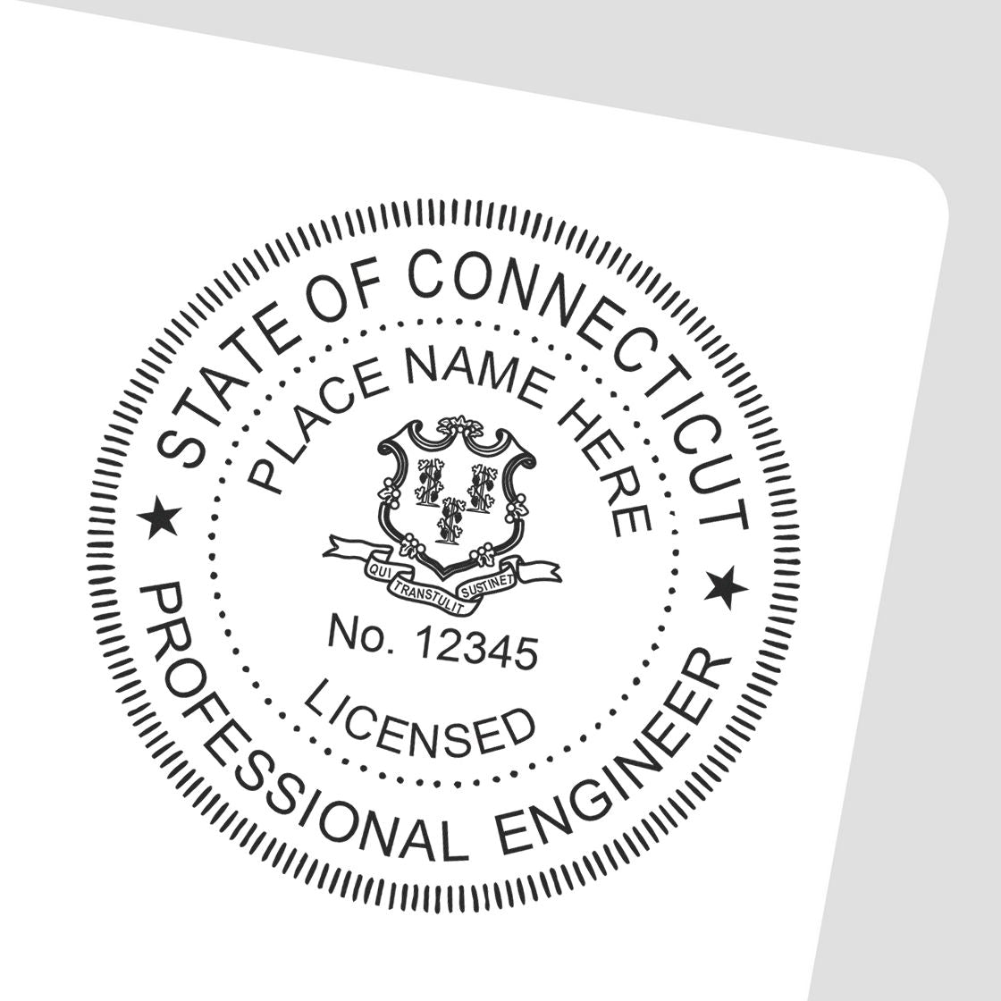 A lifestyle photo showing a stamped image of the Connecticut Professional Engineer Seal Stamp on a piece of paper