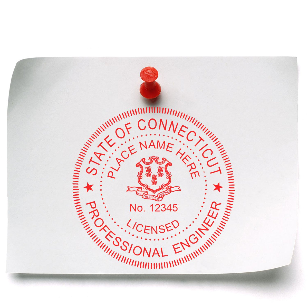A photograph of the Slim Pre-Inked Connecticut Professional Engineer Seal Stamp stamp impression reveals a vivid, professional image of the on paper.