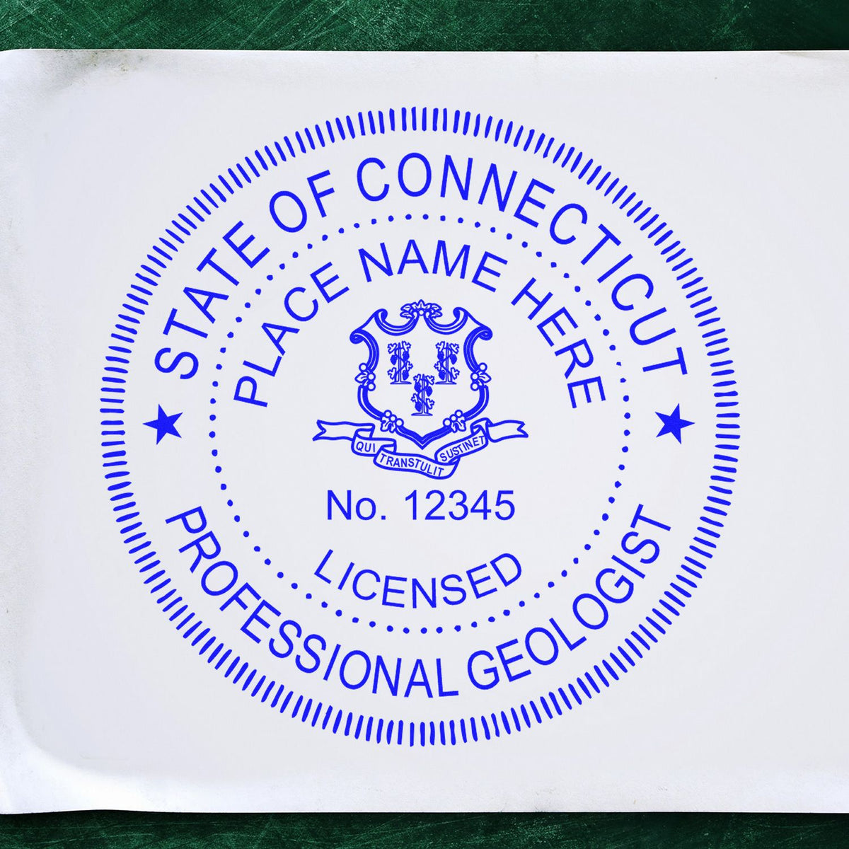 An alternative view of the Slim Pre-Inked Connecticut Professional Geologist Seal Stamp stamped on a sheet of paper showing the image in use