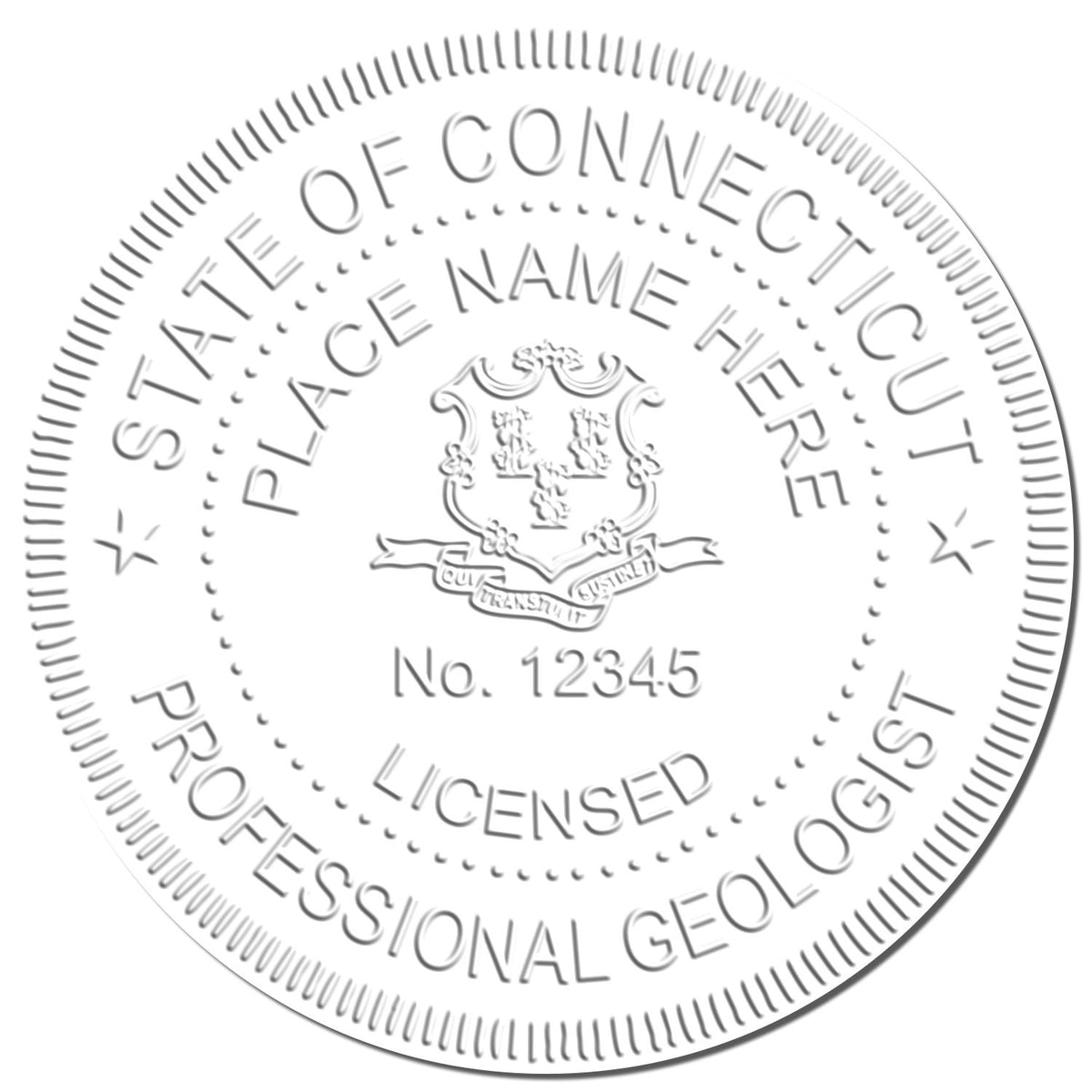 An in use photo of the Heavy Duty Cast Iron Connecticut Geologist Seal Embosser showing a sample imprint on a cardstock