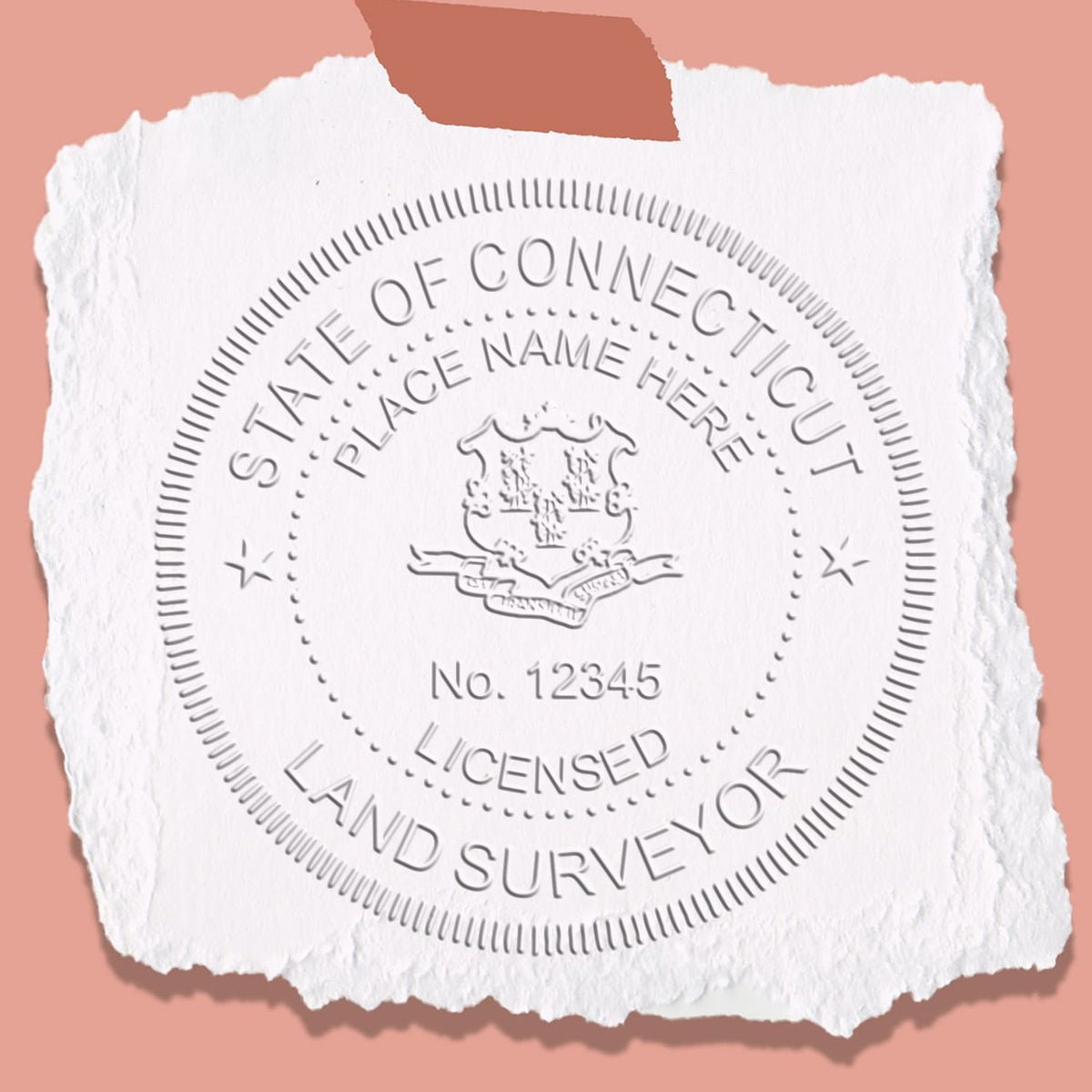 A lifestyle photo showing a stamped image of the Connecticut Desk Surveyor Seal Embosser on a piece of paper