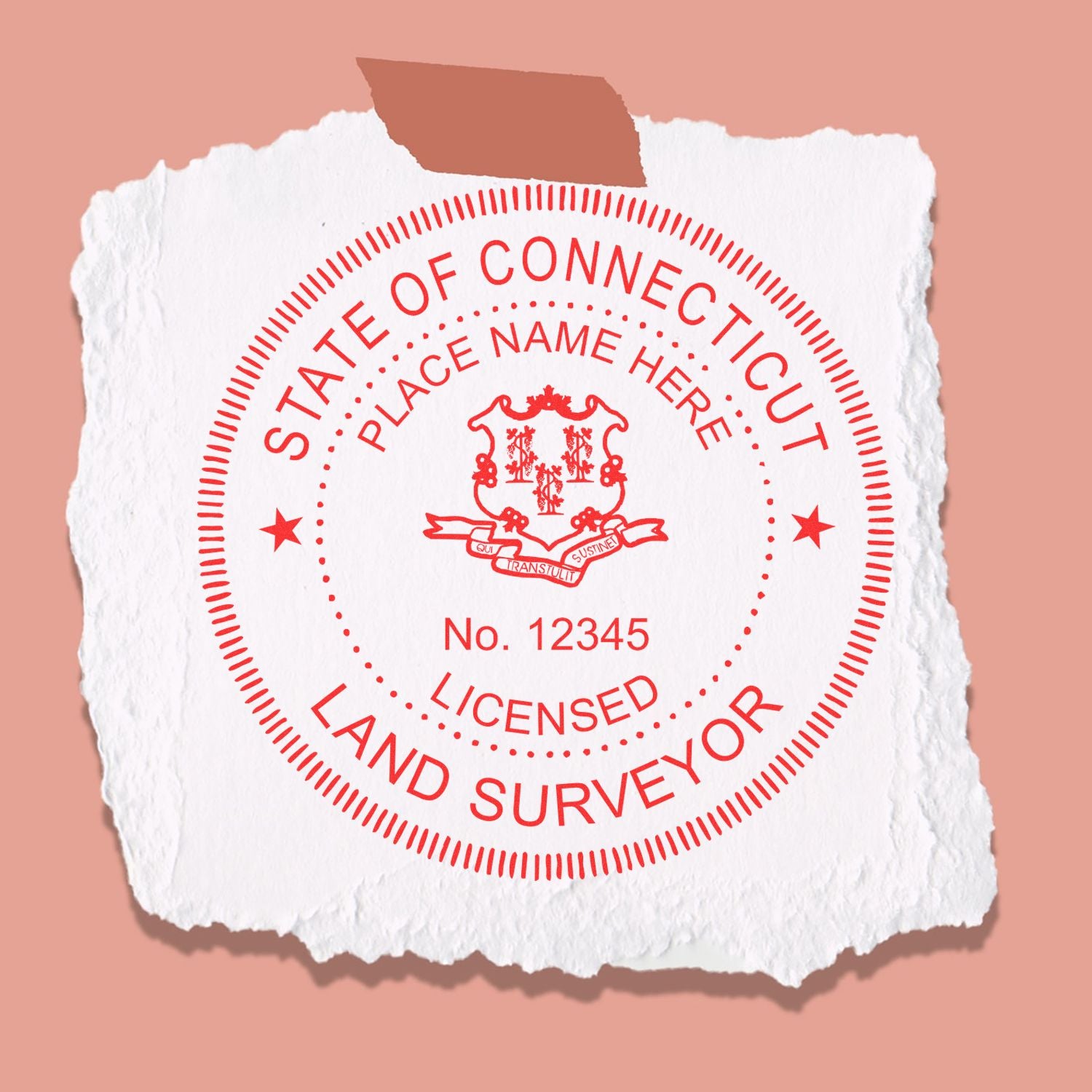 Digital Connecticut Land Surveyor Stamp, Electronic Seal for Connecticut Land Surveyor, displayed on torn paper with a red design.