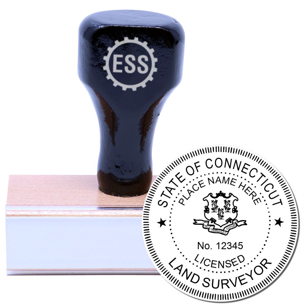 Image of a Connecticut Land Surveyor Seal Stamp, CT PLS Stamp, featuring a wooden handle and an engraved seal for licensed land surveyors.