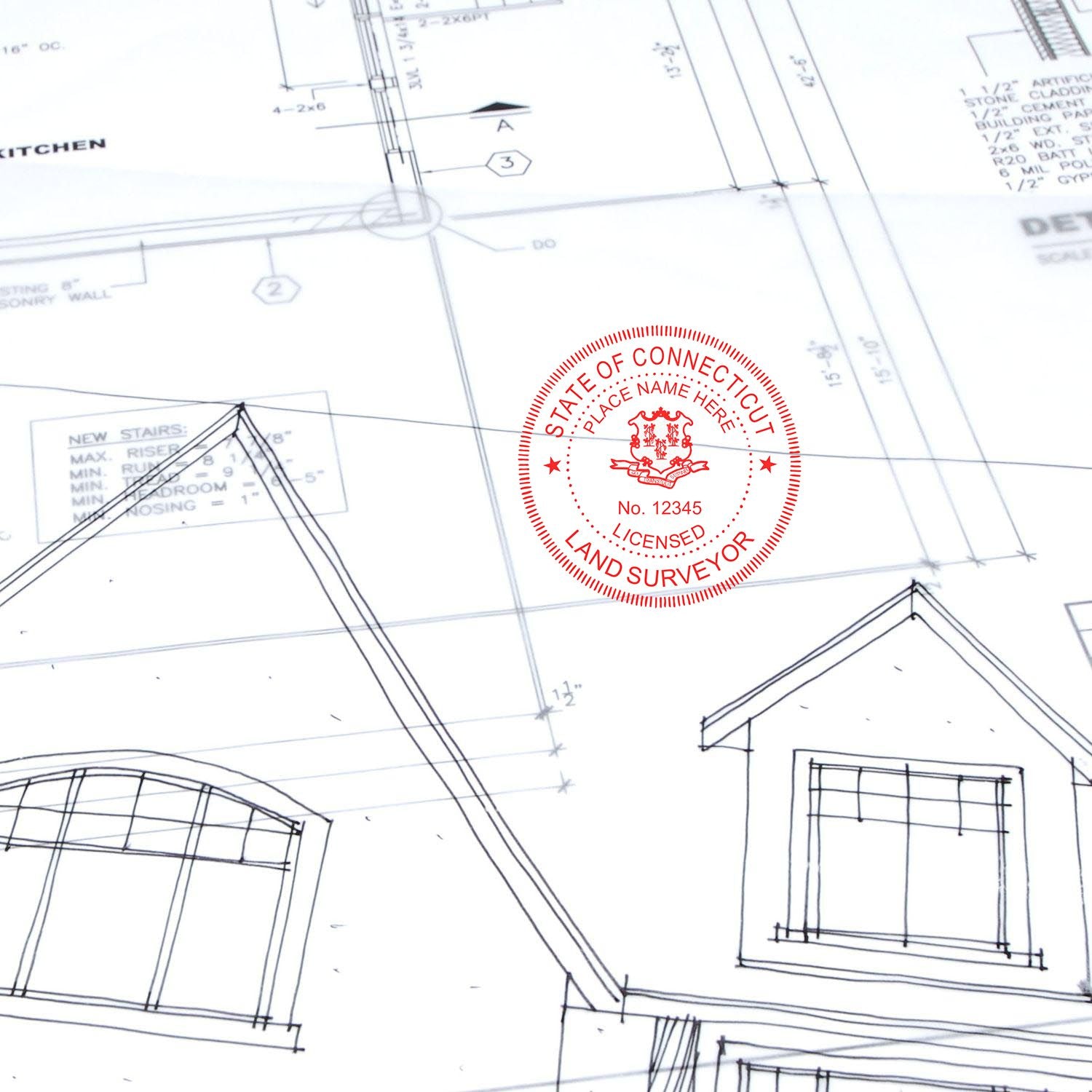 Self Inking Connecticut Land Surveyor Stamp used on architectural blueprints, showing a red circular seal with detailed design and text.