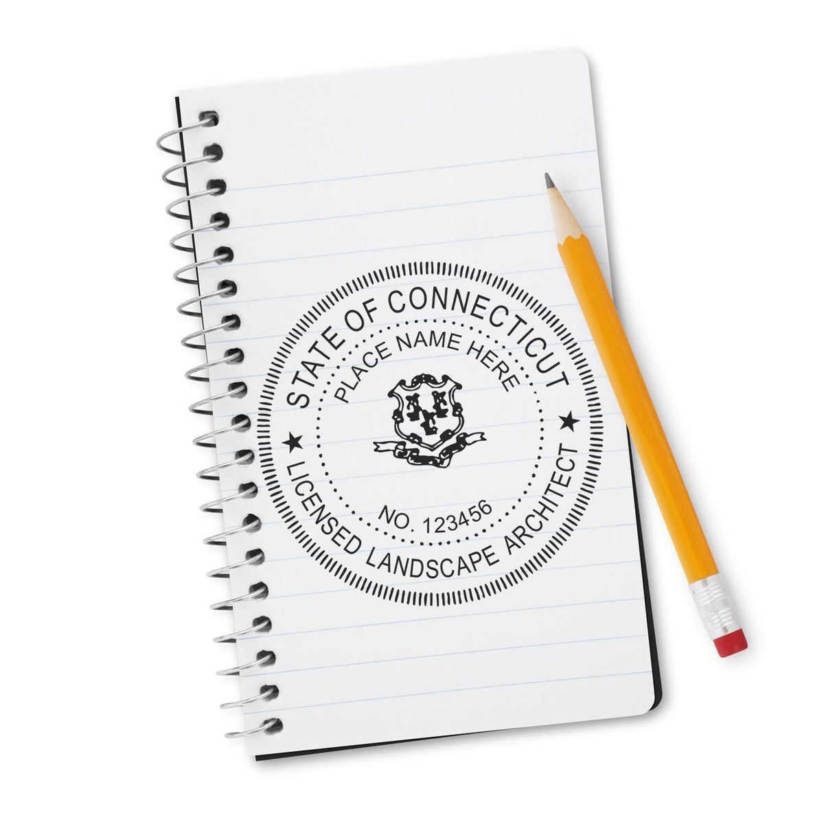 This paper is stamped with a sample imprint of the Connecticut Landscape Architectural Seal Stamp, signifying its quality and reliability.