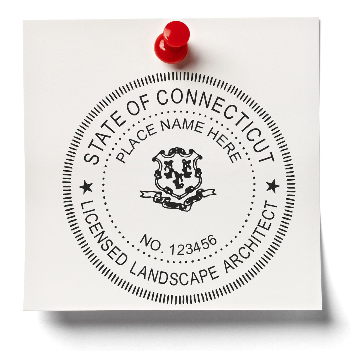 A lifestyle photo showing a stamped image of the Connecticut Landscape Architectural Seal Stamp on a piece of paper