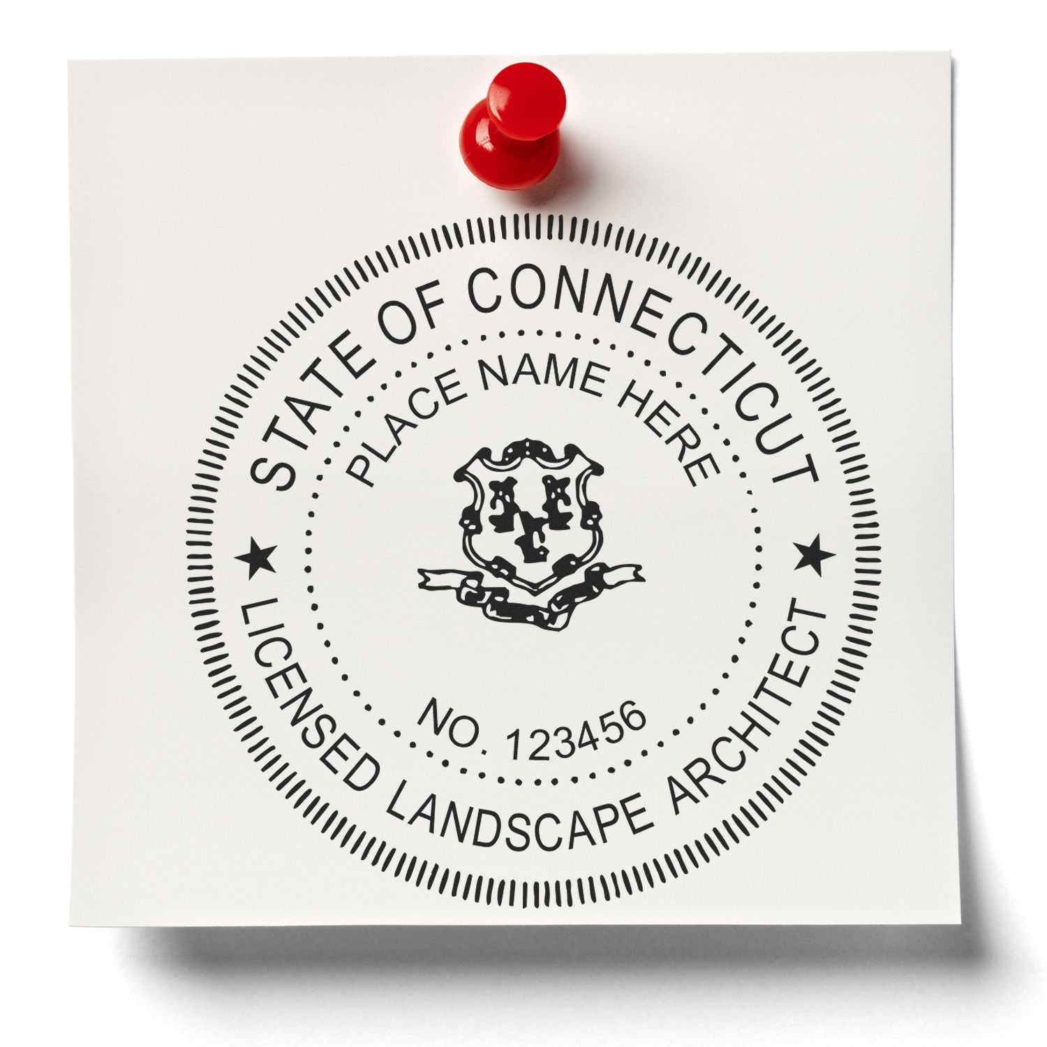 A stamped impression of the Self-Inking Connecticut Landscape Architect Stamp in this stylish lifestyle photo, setting the tone for a unique and personalized product.