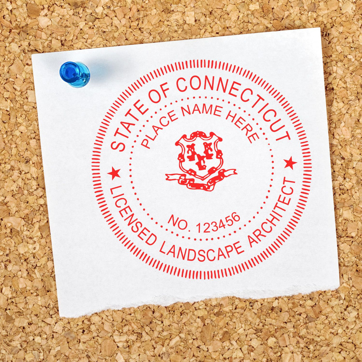 A photograph of the Digital Connecticut Landscape Architect Stamp stamp impression reveals a vivid, professional image of the on paper.