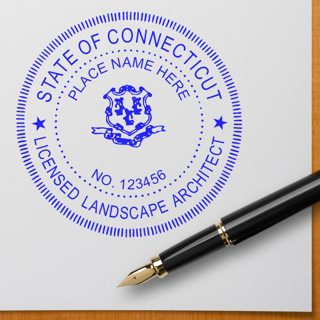 The Digital Connecticut Landscape Architect Stamp stamp impression comes to life with a crisp, detailed photo on paper - showcasing true professional quality.