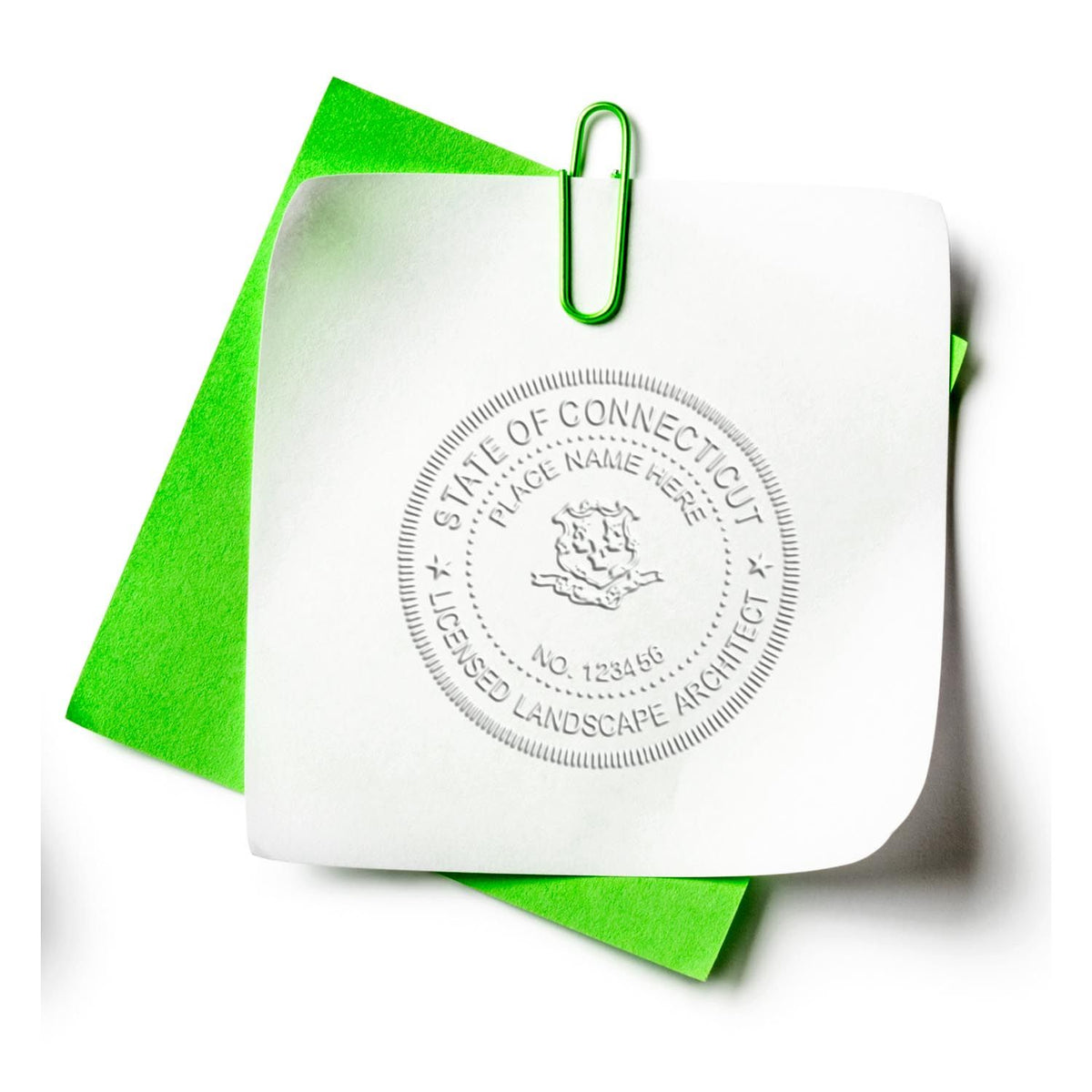 An alternative view of the Hybrid Connecticut Landscape Architect Seal stamped on a sheet of paper showing the image in use