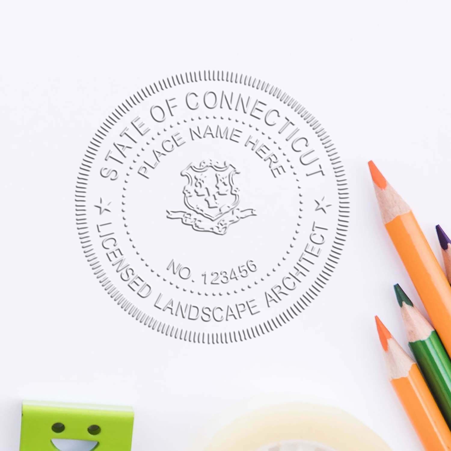 The Connecticut Desk Landscape Architectural Seal Embosser stamp impression comes to life with a crisp, detailed photo on paper - showcasing true professional quality.