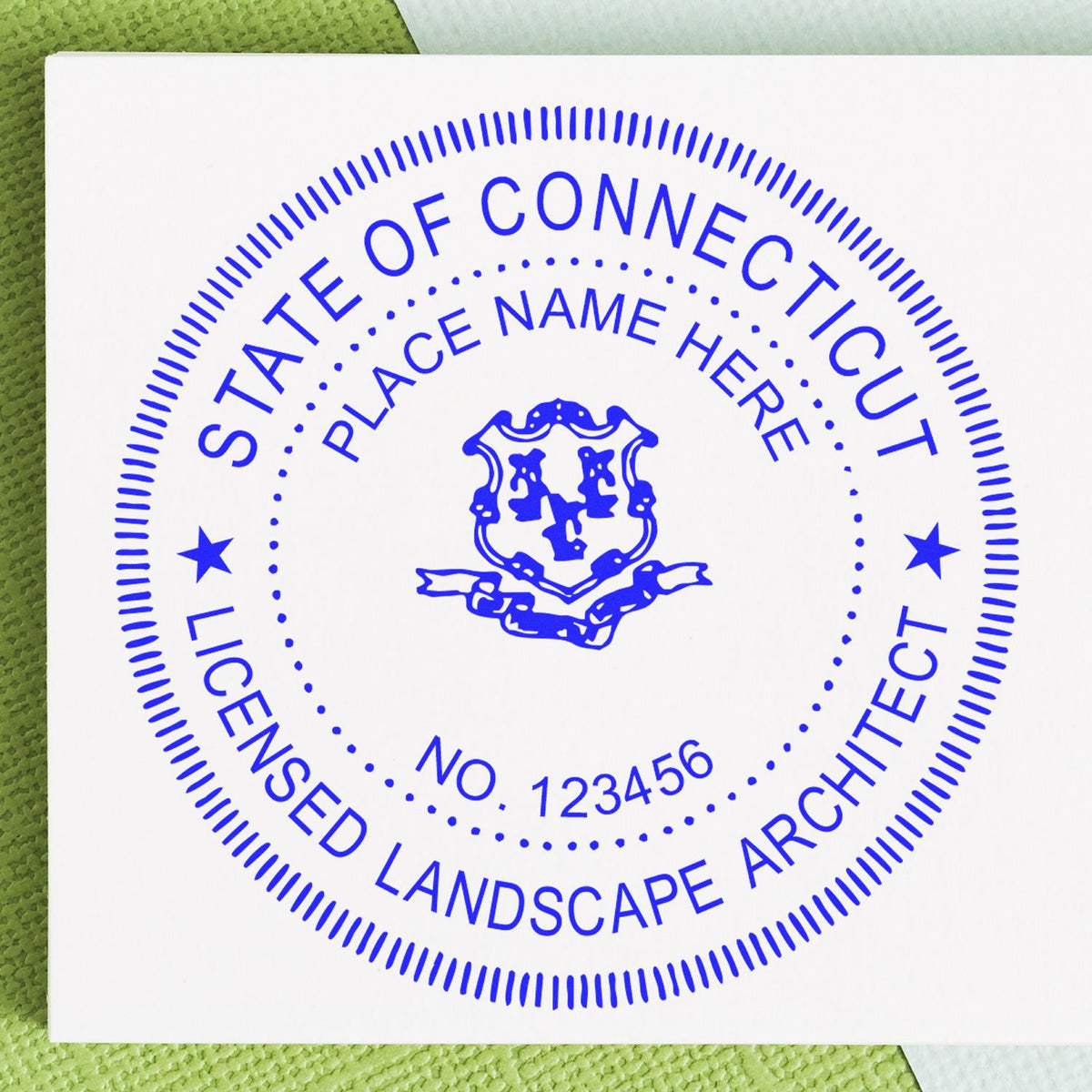 The Slim Pre-Inked Connecticut Landscape Architect Seal Stamp stamp impression comes to life with a crisp, detailed photo on paper - showcasing true professional quality.