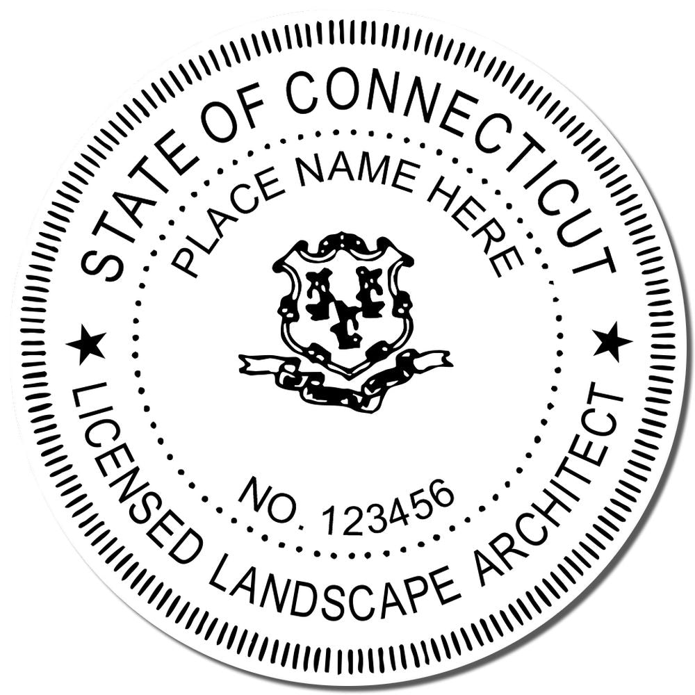A lifestyle photo showing a stamped image of the Slim Pre-Inked Connecticut Landscape Architect Seal Stamp on a piece of paper