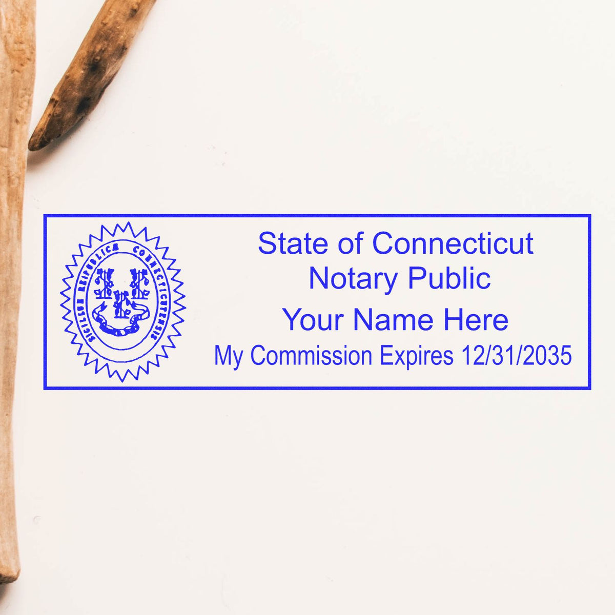 A photograph of the Heavy-Duty Connecticut Rectangular Notary Stamp stamp impression reveals a vivid, professional image of the on paper.
