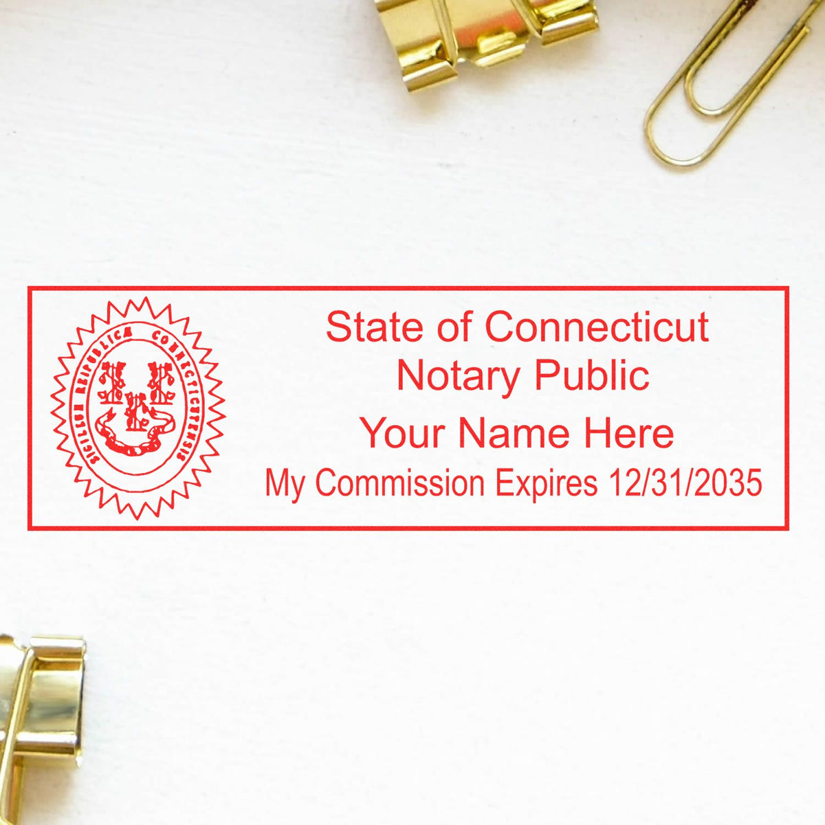 An alternative view of the MaxLight Premium Pre-Inked Connecticut State Seal Notarial Stamp stamped on a sheet of paper showing the image in use