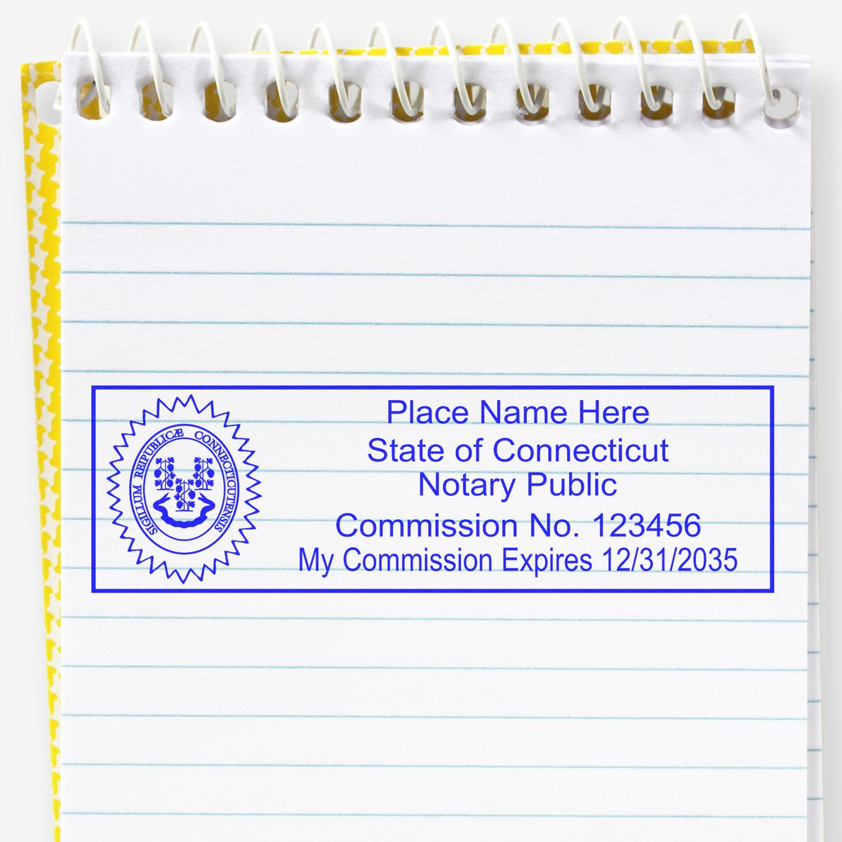 An alternative view of the PSI Connecticut Notary Stamp stamped on a sheet of paper showing the image in use