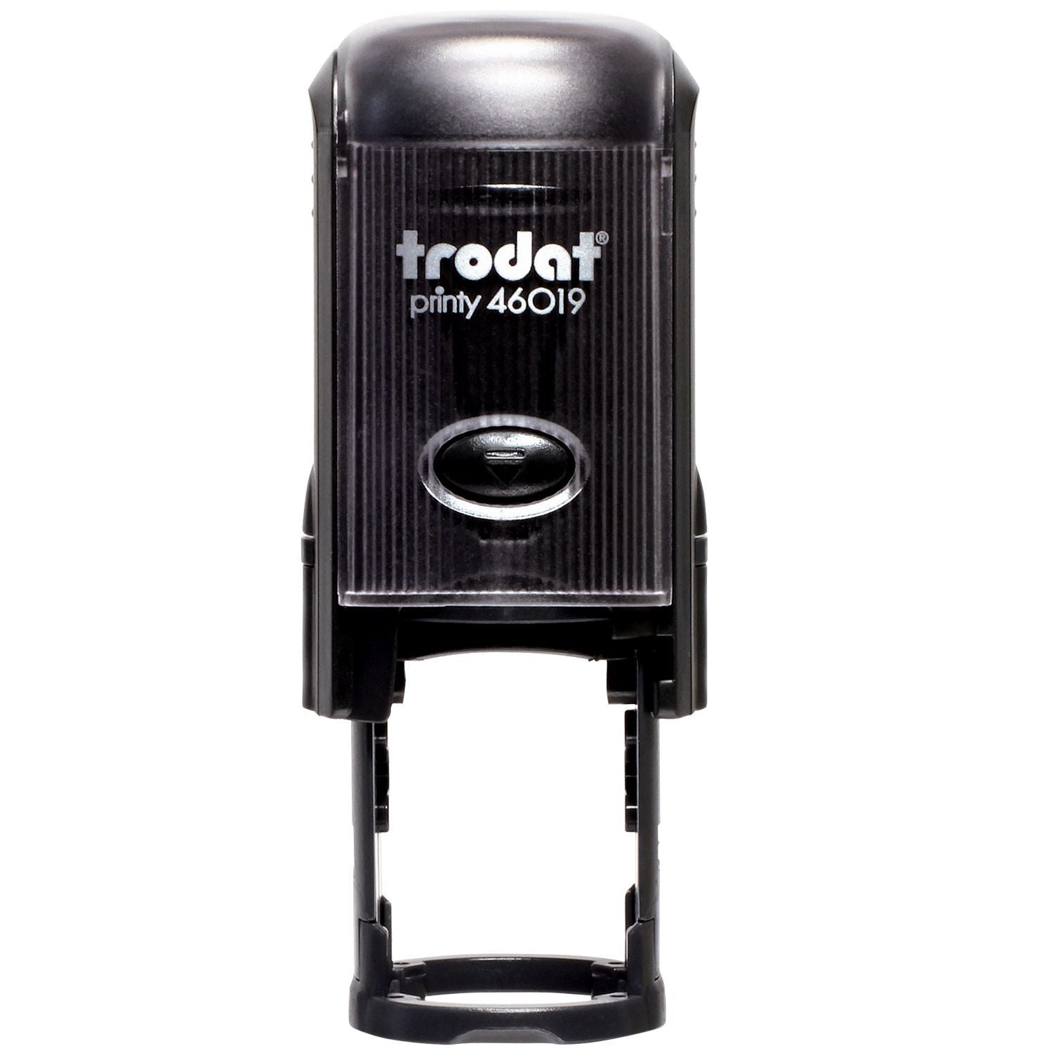 Custom Self Inking Stamp Trodat 46019 Size 3/4 Diameter, black, with trodat printy 46019 text on the front, shown in a vertical position.