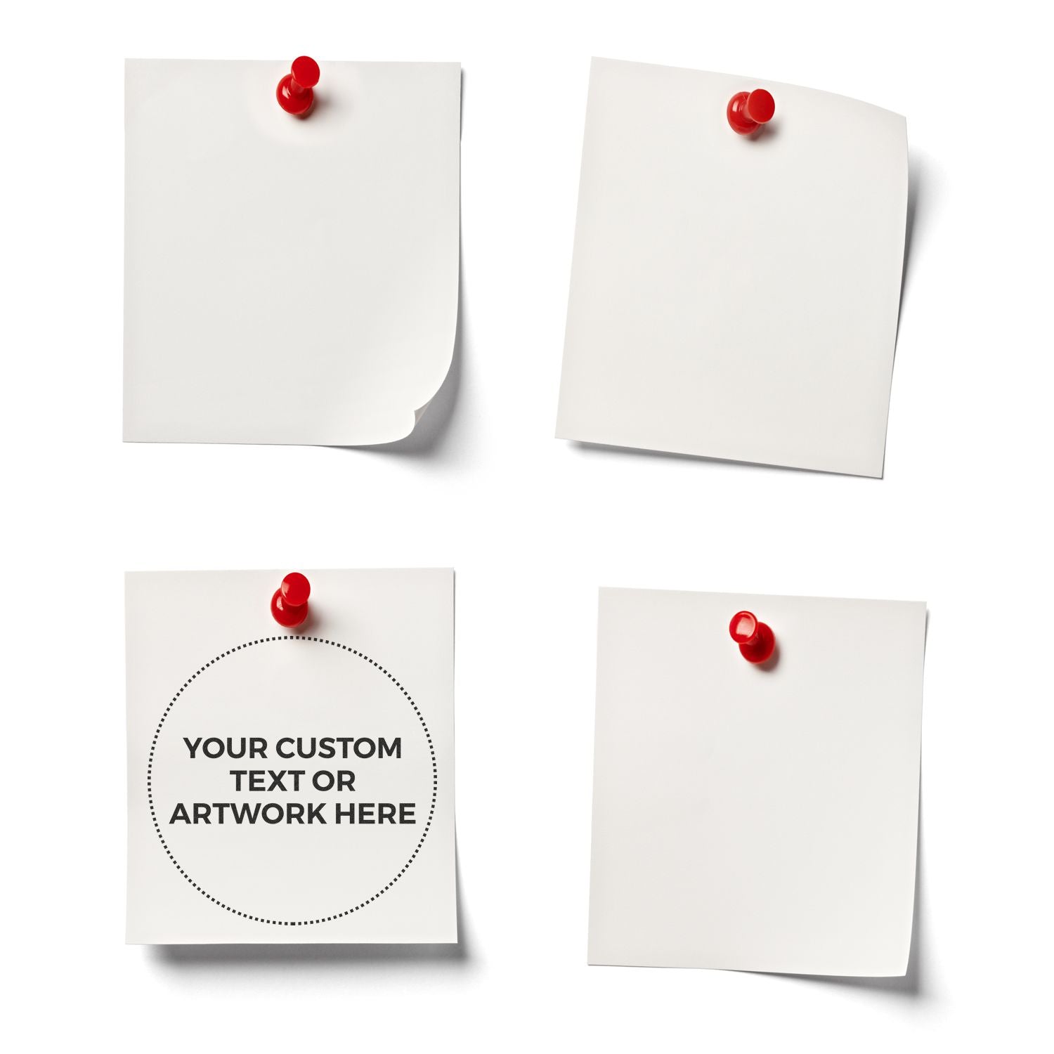 Four white sticky notes pinned with red push pins, one featuring the Custom Self Inking Stamp Trodat 46050 Size 2 Diameter with Your Custom Text or Artwork Here.