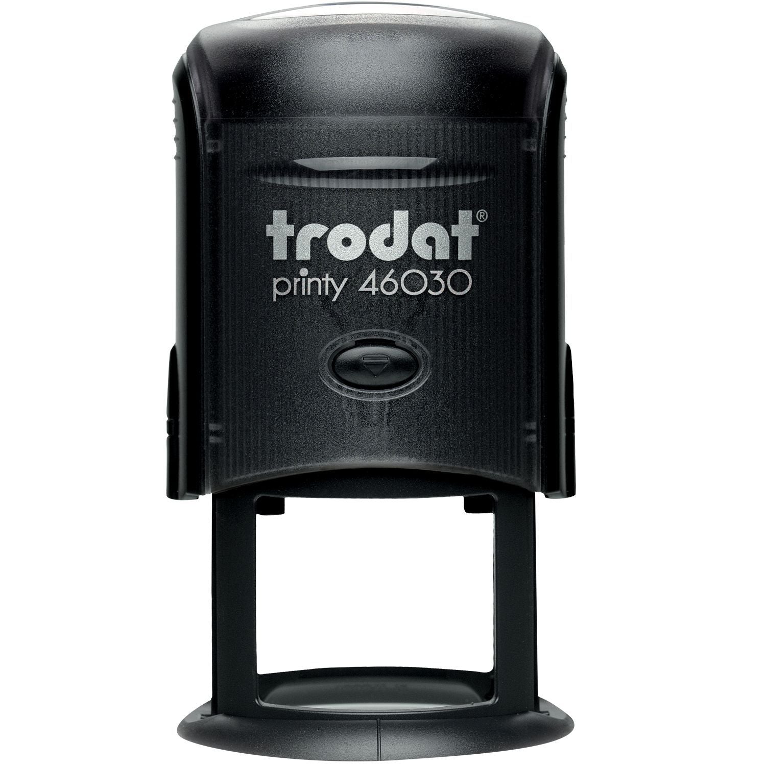 Black Custom Self Inking Stamp Trodat 4630 Size 1-3/16 Diameter with a round base and ergonomic design for easy stamping.