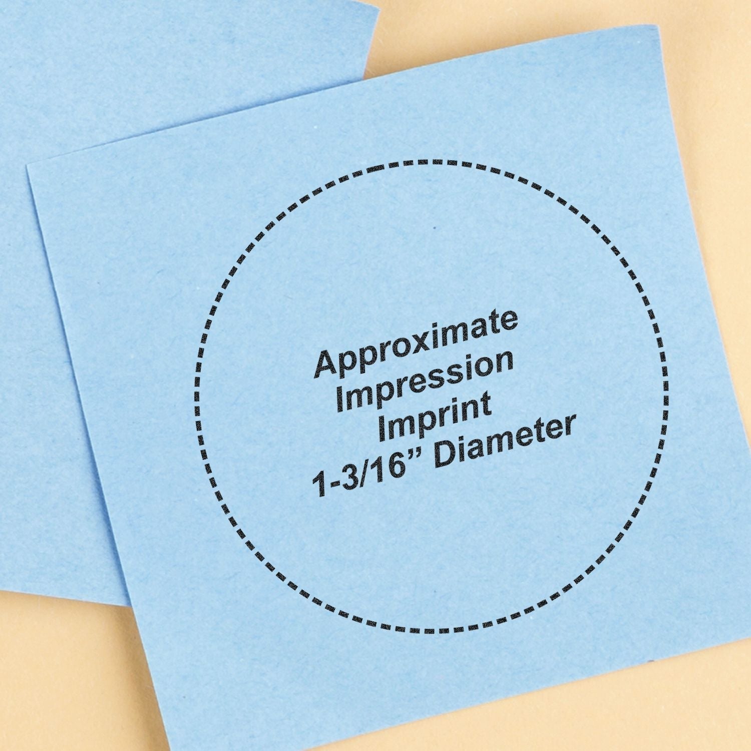 Blue sticky note showing the approximate impression imprint of the Custom Self Inking Stamp Trodat 4630, 1-3/16 diameter.