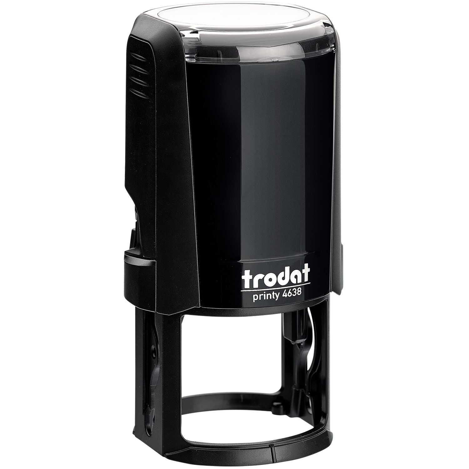 Custom Self Inking Stamp Trodat 4638 Size 1-1/2 Diameter, black cylindrical design with a clear top and trodat printy 4638 label.