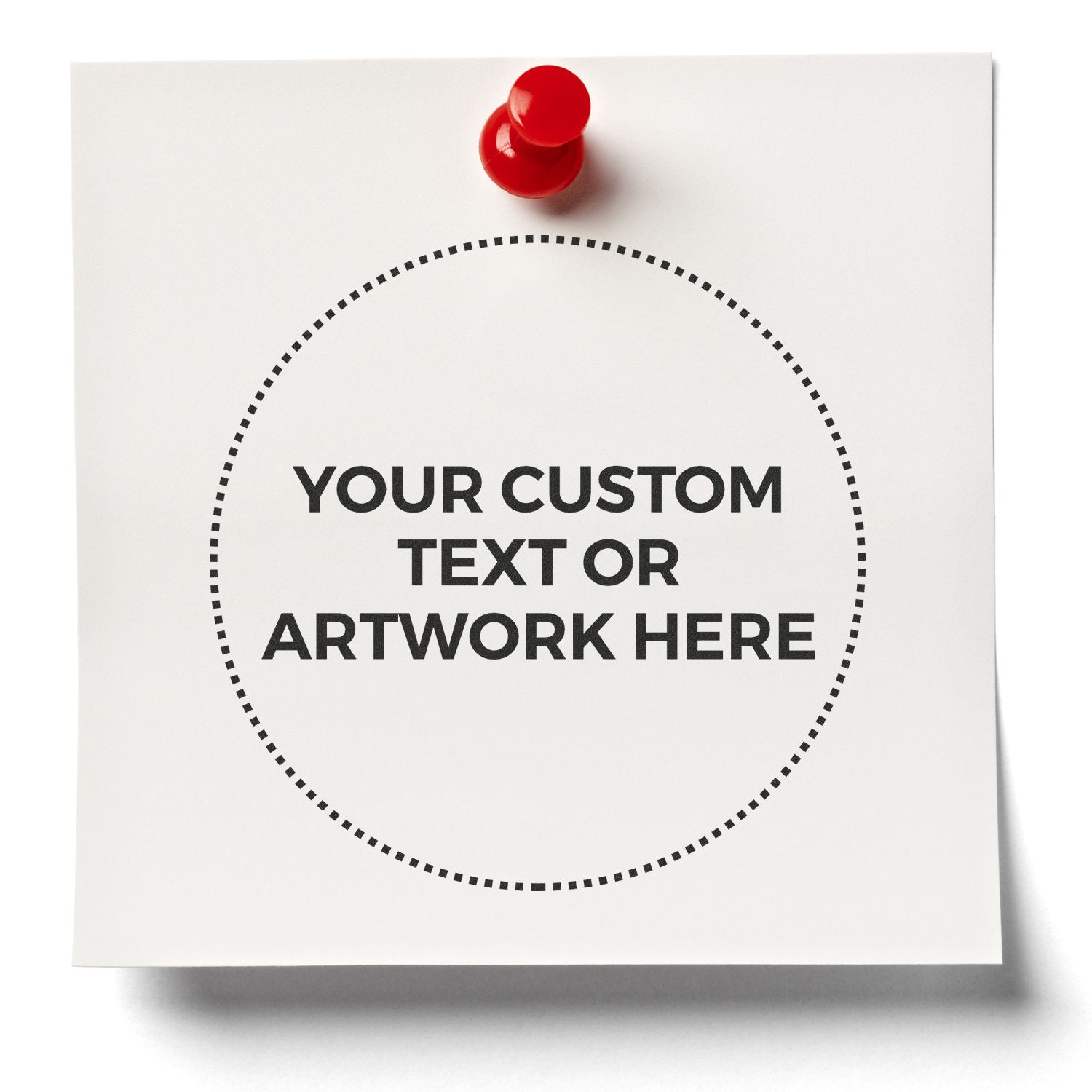 Custom Self Inking Stamp Trodat 4645 Size 1-3/4 Diameter with Your Custom Text or Artwork Here on a white paper pinned with a red pushpin.