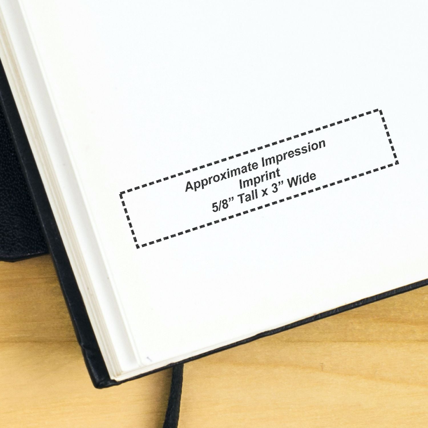 Self Inking Identification Stamp imprint on a white page, showing approximate impression size of 5/8 tall x 3 wide in black ink.