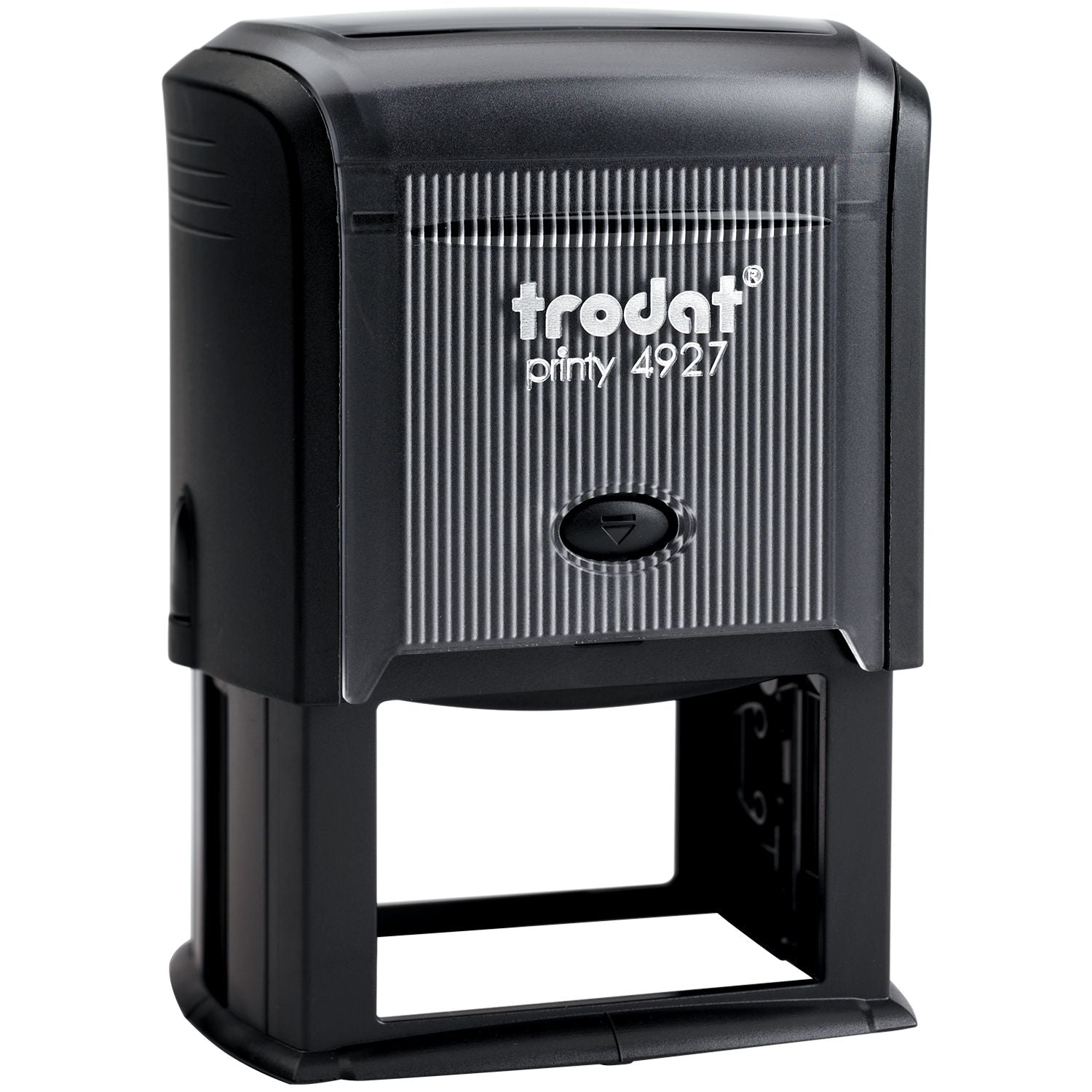 Black Custom Self Inking Stamp Trodat 4927 Size 1-9/16 x 2-3/8 with a rectangular design and a ribbed texture on the front.