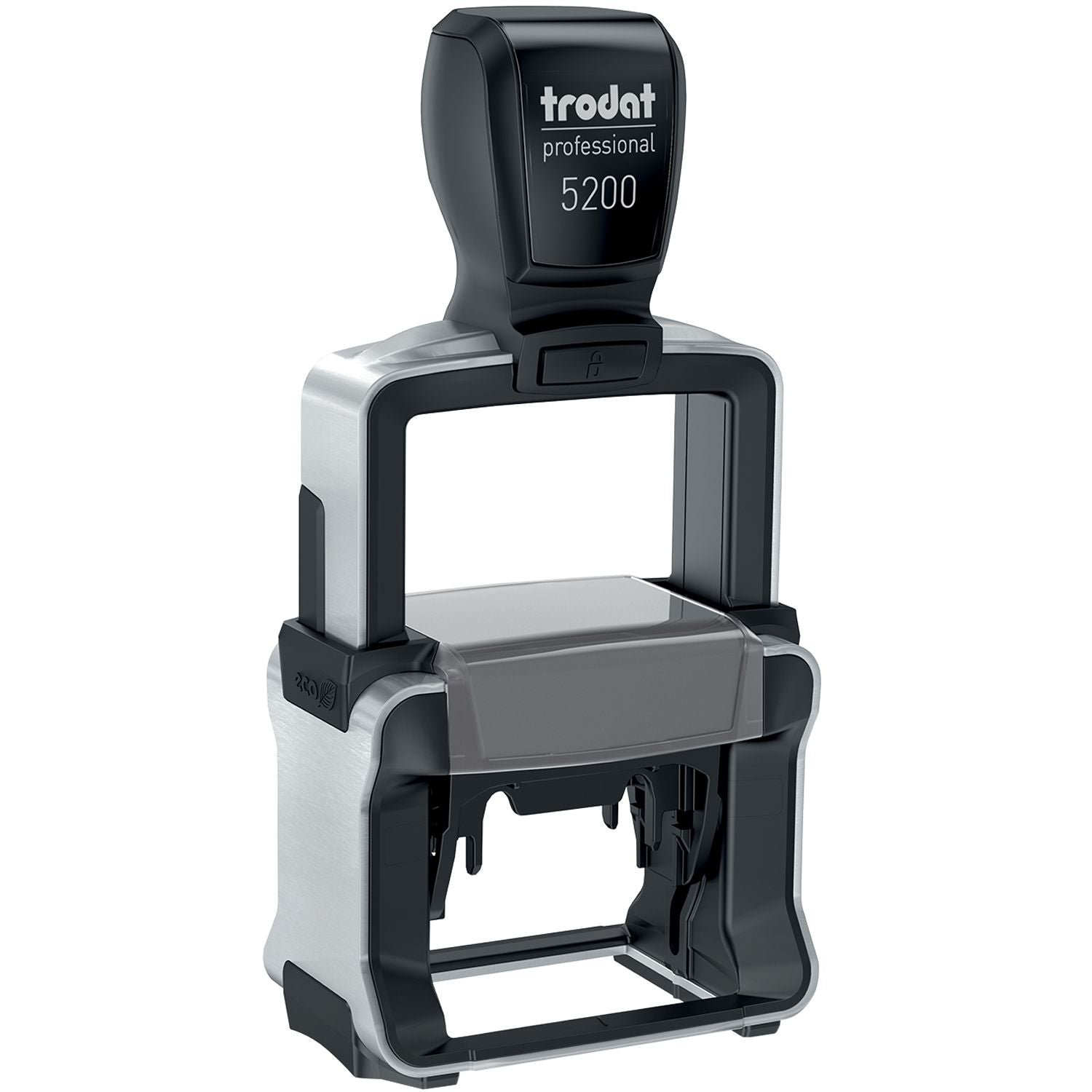 Custom Self Inking Stamp Trodat 5200 Size 1 x 1-5/8, black and silver, with trodat professional 5200 on the handle, isolated on white background.