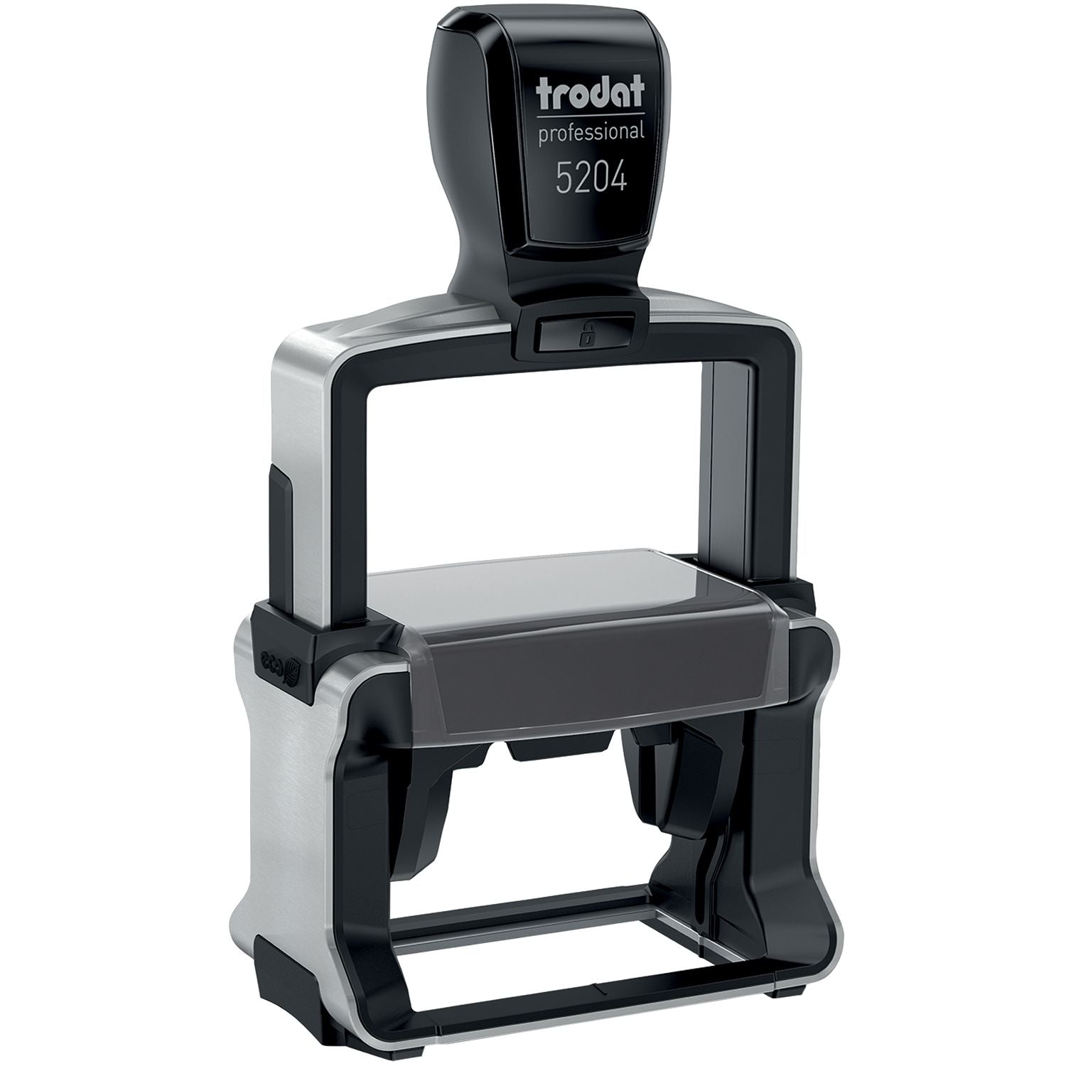 Custom Self Inking Stamp Trodat 5204 Size 1 x 2-1/4, black and silver, with a rectangular base and ergonomic handle.