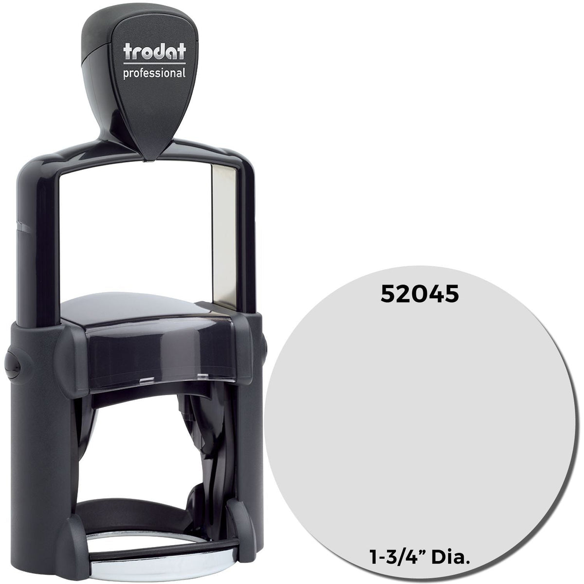 A Custom Self-Inking Stamp Trodat 52045 (Size: 1-3/4&quot; Diameter) with a stamped image showing how the round image will look after stamping from this custom stamp.