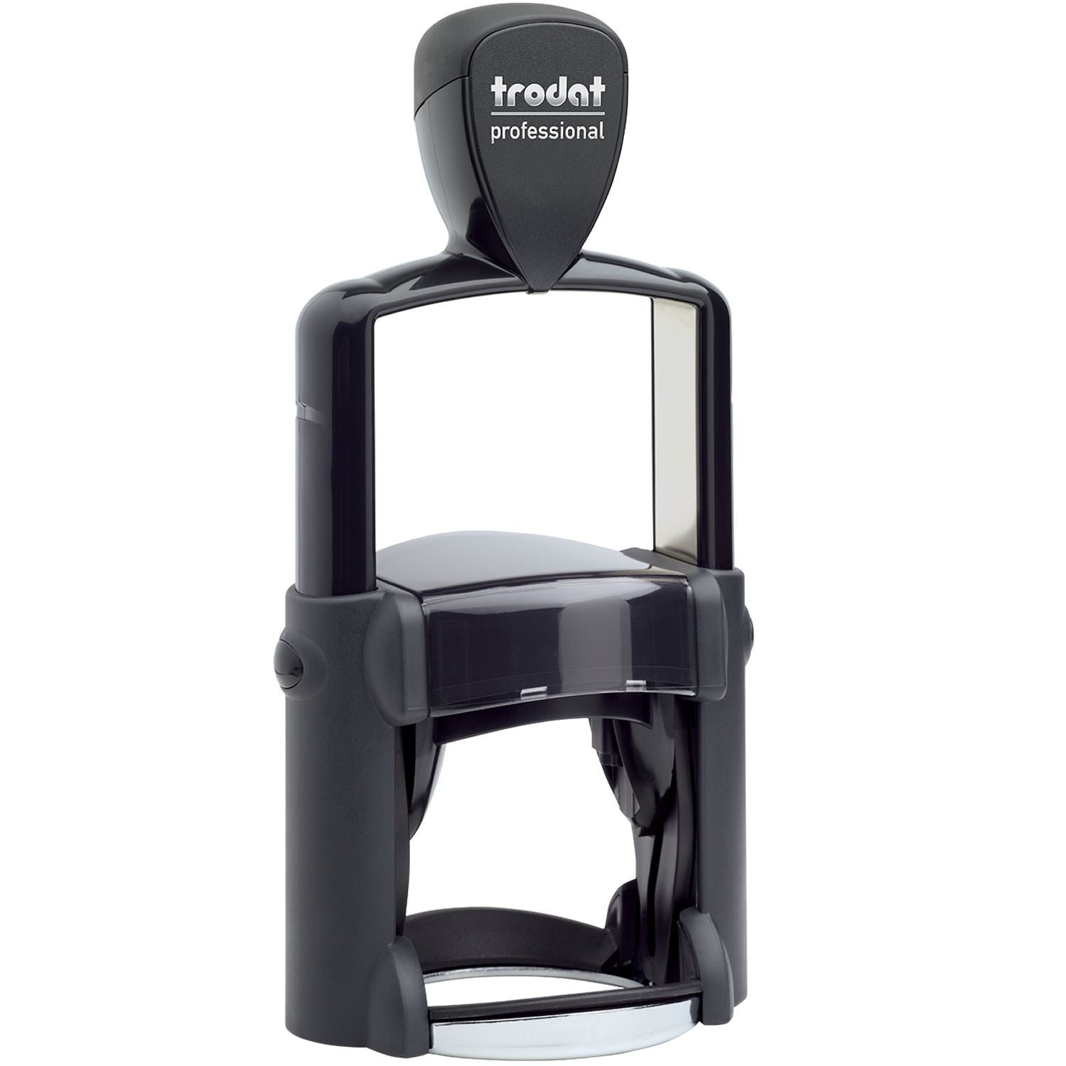 Custom Self-Inking Stamp Trodat 52045 (Size: 1-3/4 Diameter) with a black handle & clear base, designed for professional use.