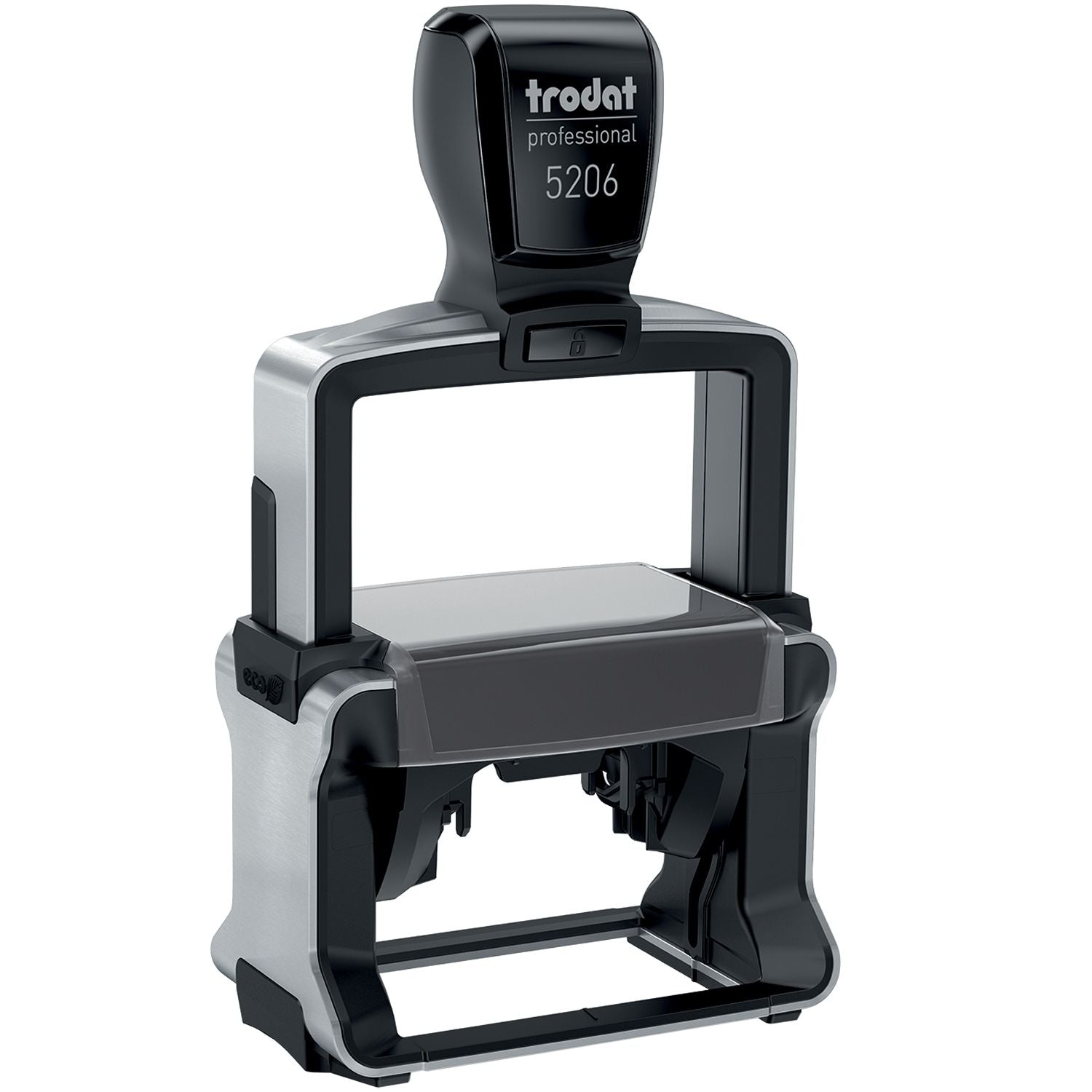 Custom Self Inking Stamp Trodat 5206 Size 1-5/16 x 2-1/4, featuring a black handle and a sturdy frame, shown in a standing position.