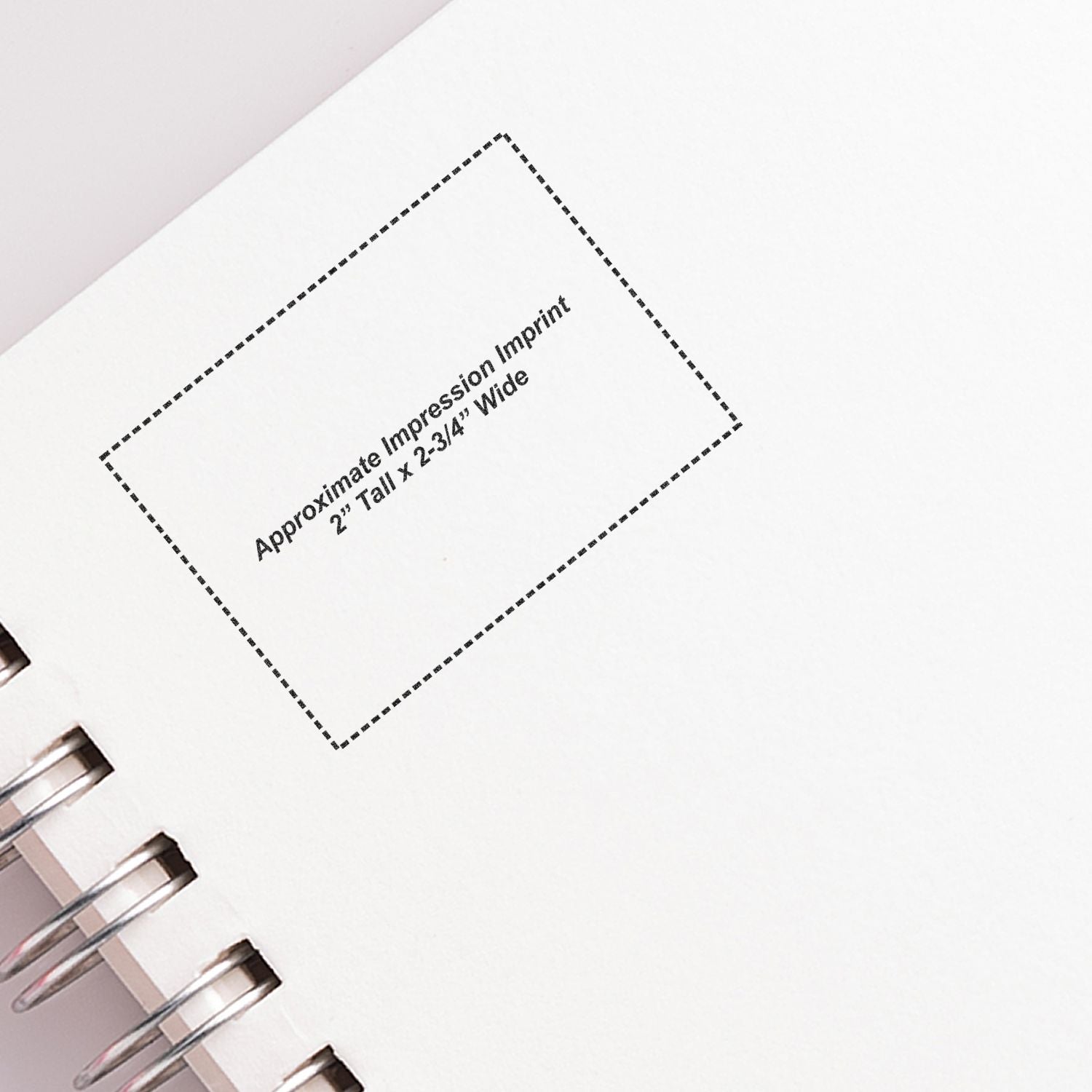 Custom Self Inking Stamp Trodat 5208 Size 2 x 2-3/4 imprint on white paper, showing approximate impression size with dotted outline.