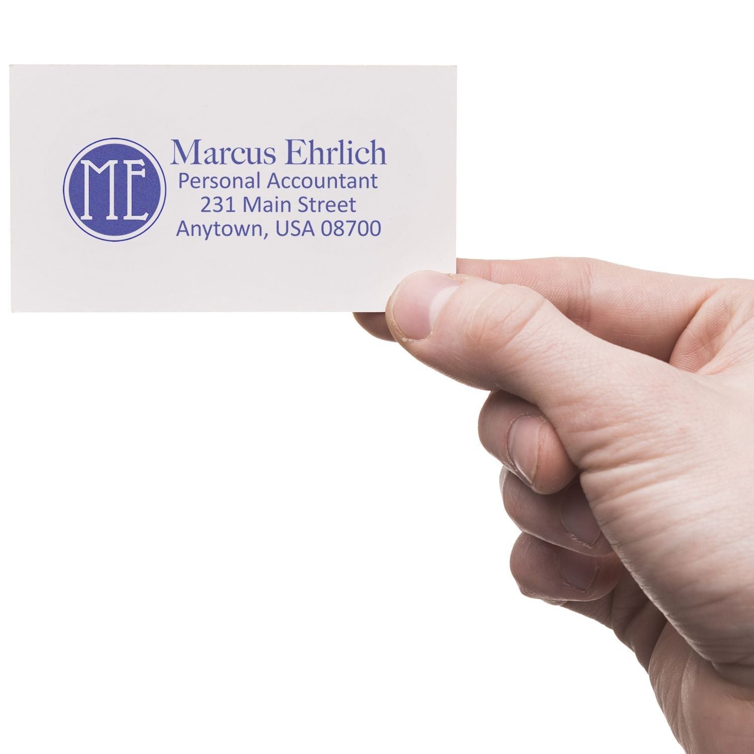 A hand holding a business card stamped with the MaxLight XL2-185 Custom Pre-Inked Business Stamp 15/16 x 2-3/4, displaying contact details.