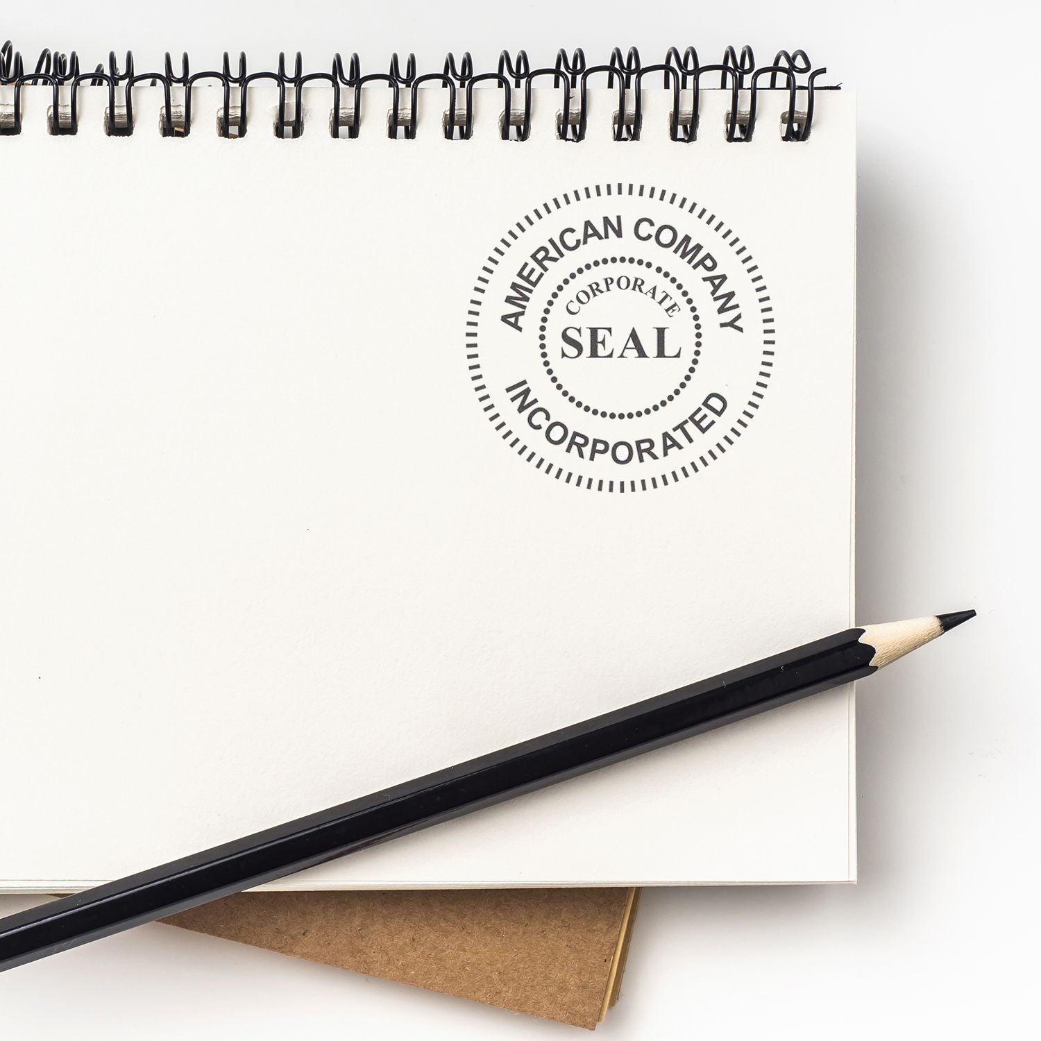 Custom Self Inking Stamp Trodat 46050 Size 2 Diameter used on a spiral notebook, with a pencil placed on the notebook.