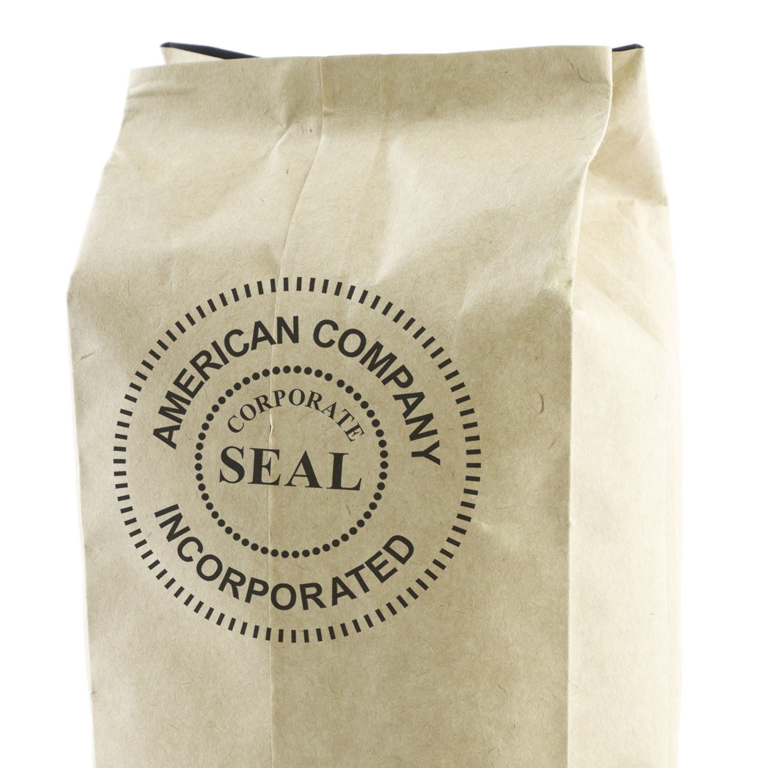 Custom Rubber Stamp Size 4 Inch Diameter used to stamp American Company Incorporated Seal on a brown paper bag.